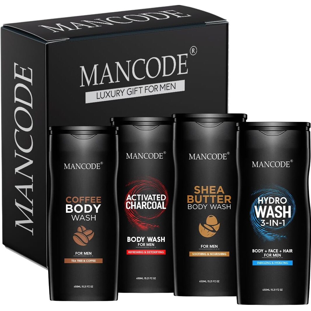 Man Code Body Wash For Men Refreshing & Detoxifying Treats Oily Skin Body Wash Gel For Men Size Bottle - 450Ml (Shea Butter Coffee Charcoal Hydro Body Wash Gel, Pack Of 4)