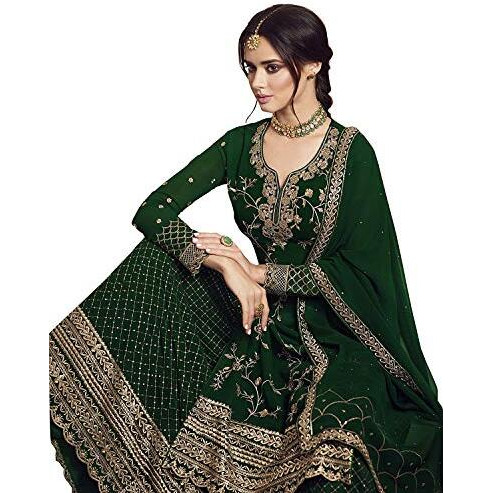 Miss Ethnik Women's Black Georgette Semi Stitched Top With Stitched Faux Georgette Bottom And Faux Georgette Dupatta Embroidered Straight Kurta Dress Material (Kurta Palazzo Set) (Me-1033-Green)