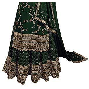 Miss Ethnik Women's Black Georgette Semi Stitched Top With Stitched Faux Georgette Bottom And Faux Georgette Dupatta Embroidered Straight Kurta Dress Material (Kurta Palazzo Set) (Me-1033-Green)