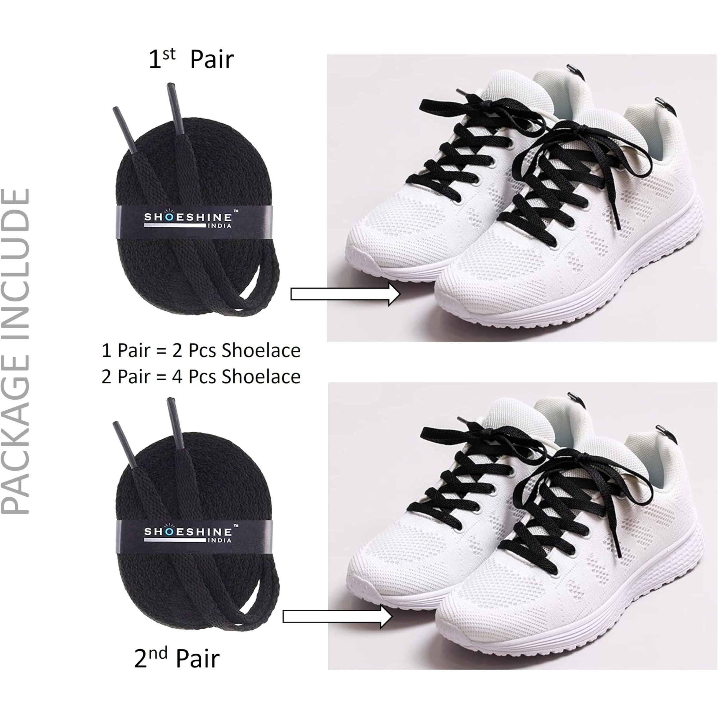 Shoeshine Black Shoe Lace Sneakers And Sports Shoelace Black Color Shoes Laces - 90Cm (Pack Of 2 Pairs) 4 Piece Shoe Laces