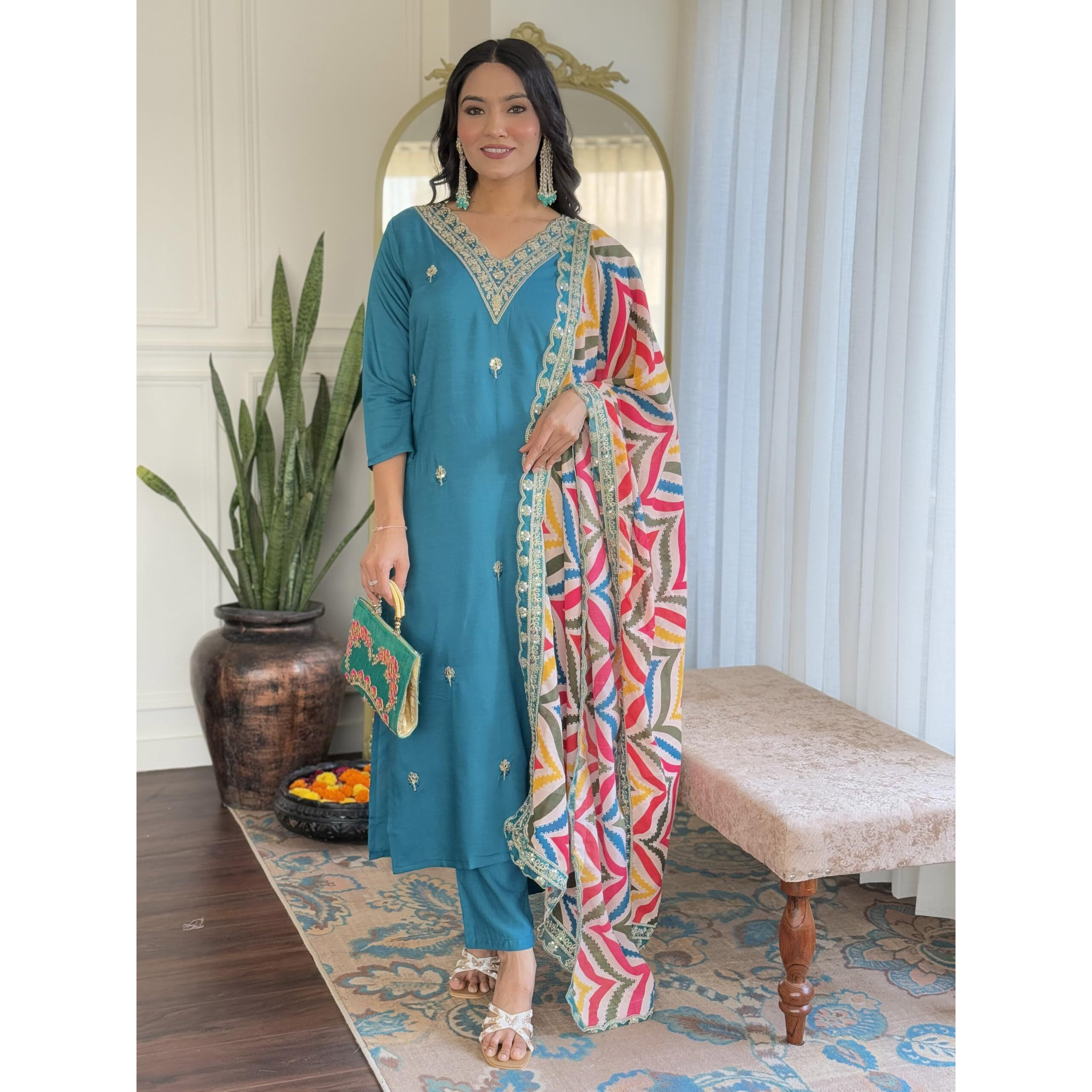 Naixa Women's Rama Viscose Embroidered Straight Kurta With Viscose Pant And Silk Blend Printed Dupatta Sets (Nx-467-Rama-M)