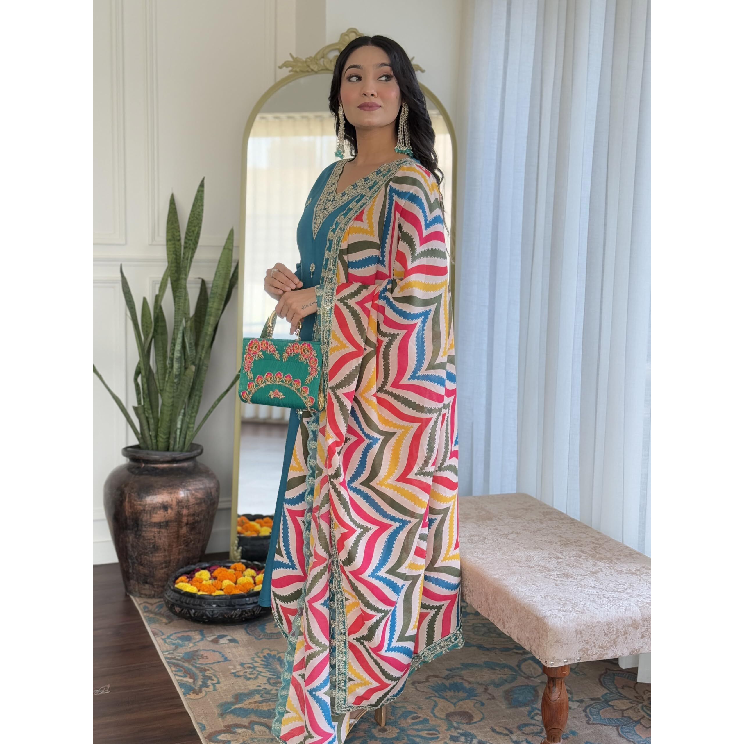 Naixa Women's Rama Viscose Embroidered Straight Kurta With Viscose Pant And Silk Blend Printed Dupatta Sets (Nx-467-Rama-M)