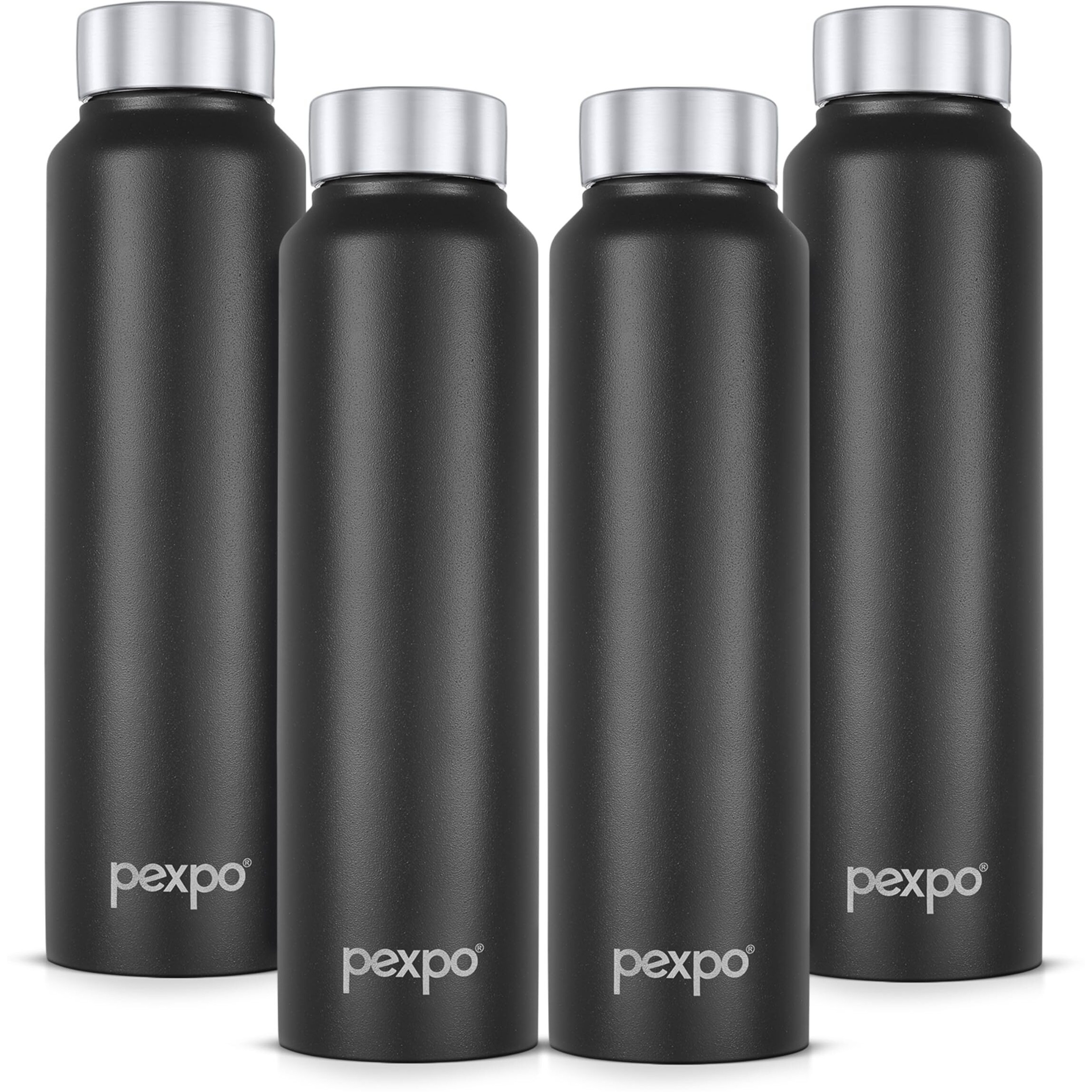 Pexpo Chromo Stainless Steel Sports/Fridge Water Bottle 1 Litre, Knight Black Pack Of 4 | Eco Friendly | Bpa Free | Water Bottle For Office, Gym, School, Yoga, Trekking, Men, Women And Kids