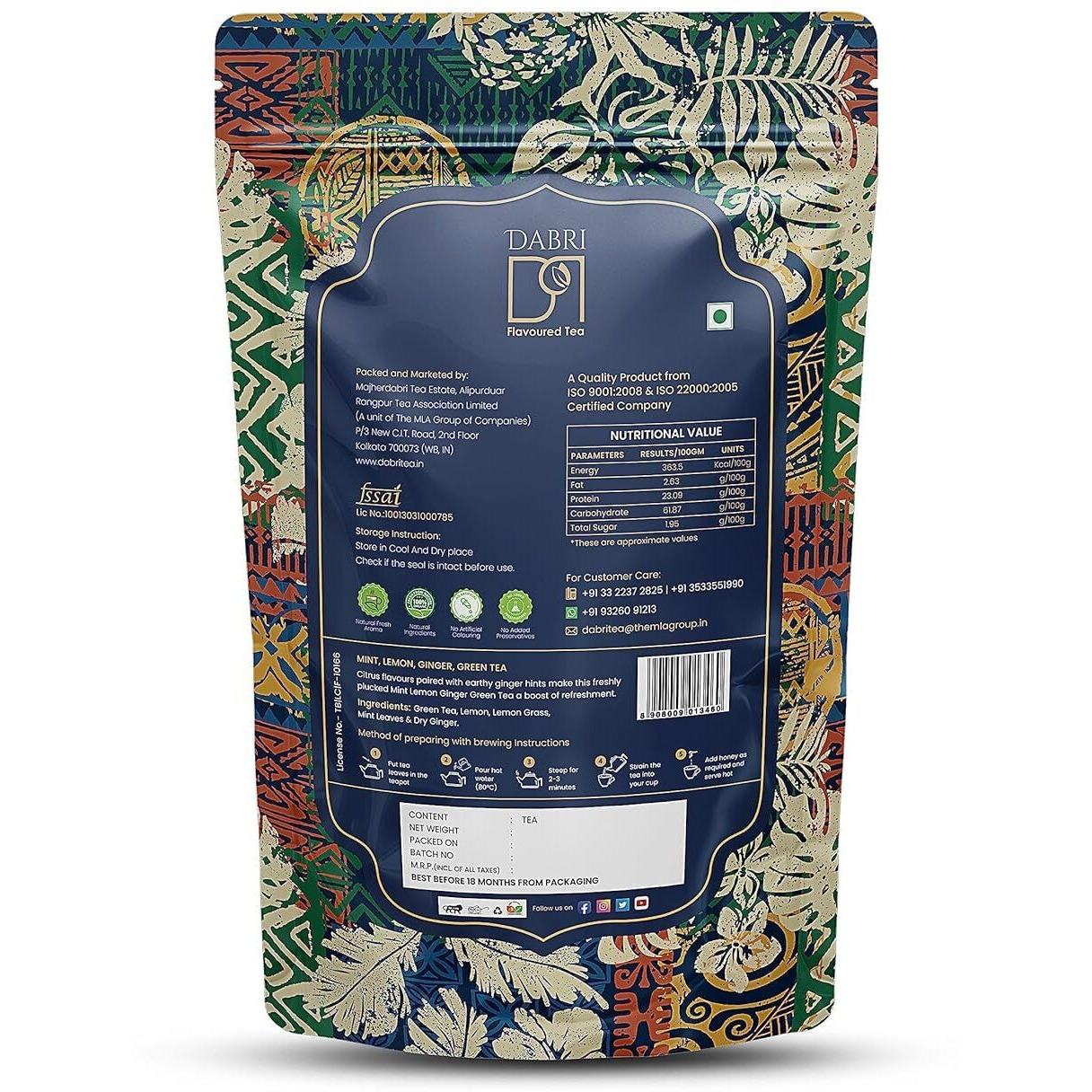 Dabri Mint Lemon Ginger Detox Green Tea - 100Gm Pouch (Pack Of 2) | Build Immunity,Eases Digestion Upset & Maintains Body To Weight Ratio|Freshens Breathe With Lemon Grass,Mint Leaves,Dry Ginger