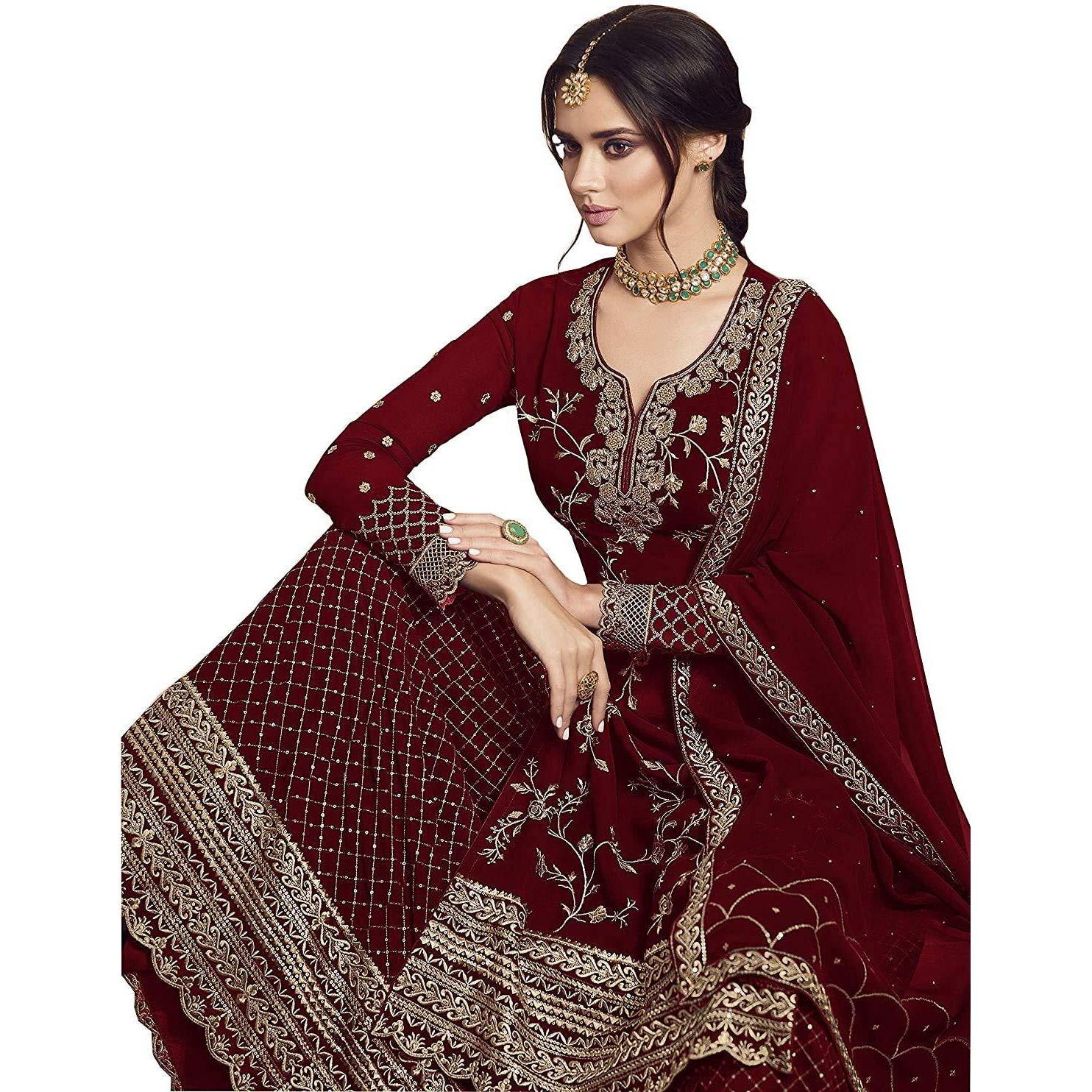 Miss Ethnik Women's Faux Georgette Semi Stitched Top With Stitched Bottom And Dupatta Embroidered Straight Kurta Palazzo Set/Dress Material, Maroon