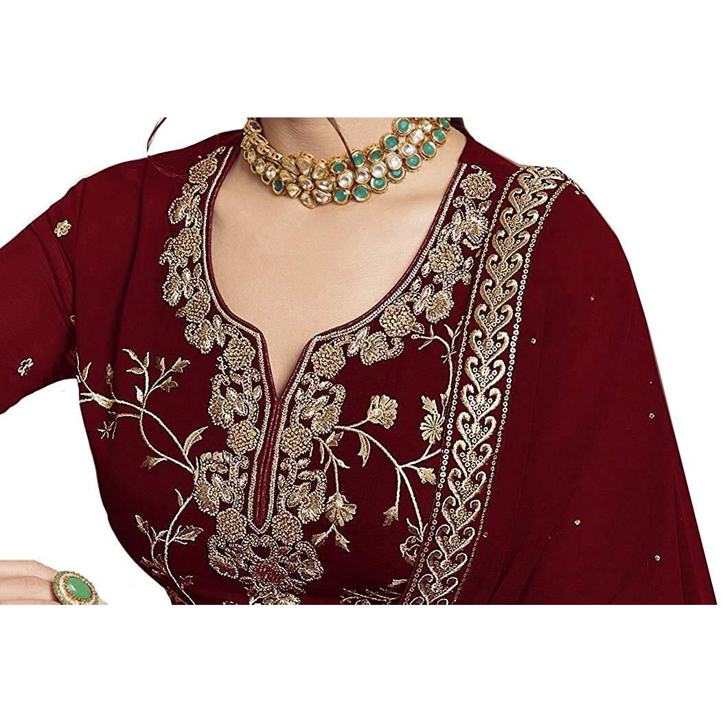 Miss Ethnik Women's Faux Georgette Semi Stitched Top With Stitched Bottom And Dupatta Embroidered Straight Kurta Palazzo Set/Dress Material, Maroon
