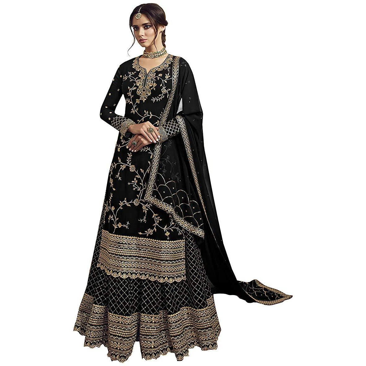 Miss Ethnik Women's Black Faux Georgette Semi Stitched Top With Stitched Faux Georgette Bottom And Faux Georgette Dupatta Embroidered Straight Kurta Dress Material (Kurta Palazzo Set) (1033-Black)