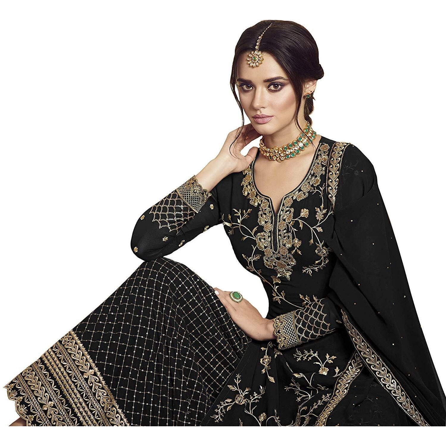 Miss Ethnik Women's Black Faux Georgette Semi Stitched Top With Stitched Faux Georgette Bottom And Faux Georgette Dupatta Embroidered Straight Kurta Dress Material (Kurta Palazzo Set) (1033-Black)
