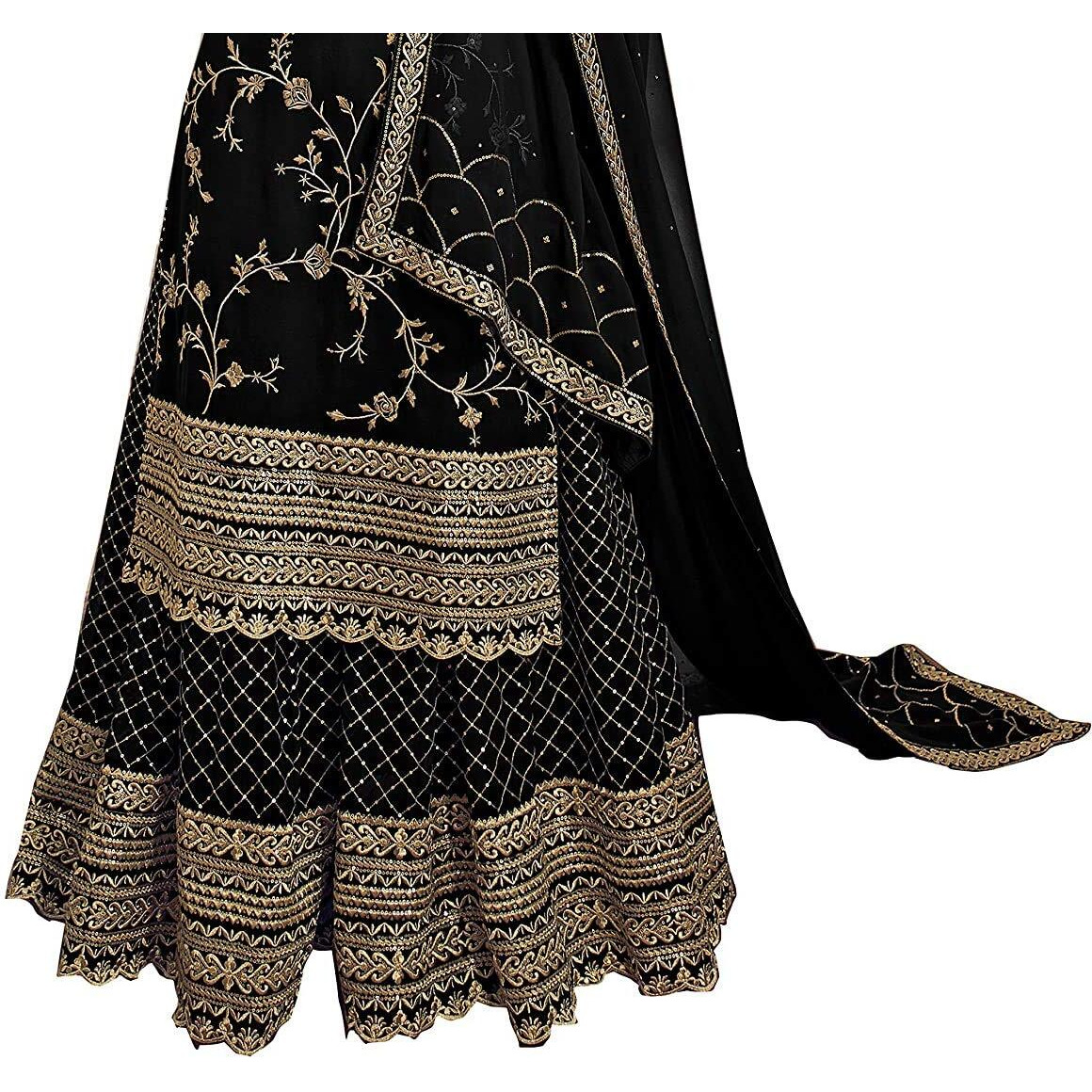 Miss Ethnik Women's Black Faux Georgette Semi Stitched Top With Stitched Faux Georgette Bottom And Faux Georgette Dupatta Embroidered Straight Kurta Dress Material (Kurta Palazzo Set) (1033-Black)