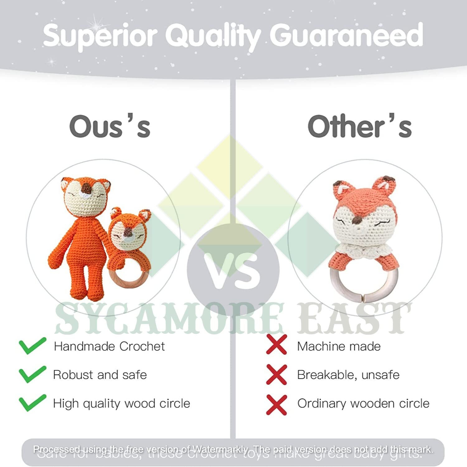 Sycamore East 2Pc Wooden Baby Fox Rattle & Crochet Doll Plush Elephant Stuffed Animals Toy For Newborn | 100% Handmade Infant Soothe Toys For Sensory And Early Grips Development Gifts