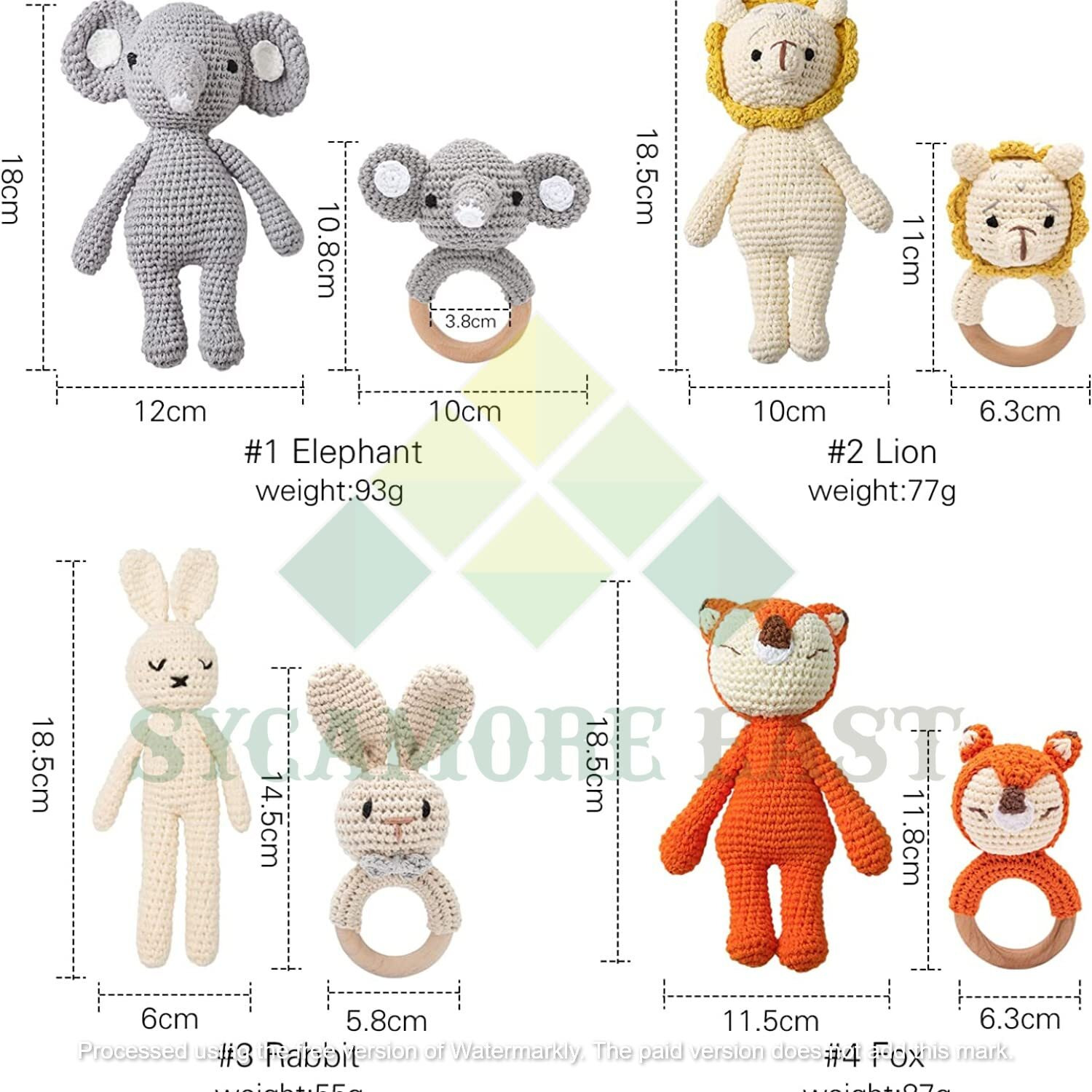 Sycamore East 2Pc Wooden Baby Fox Rattle & Crochet Doll Plush Elephant Stuffed Animals Toy For Newborn | 100% Handmade Infant Soothe Toys For Sensory And Early Grips Development Gifts