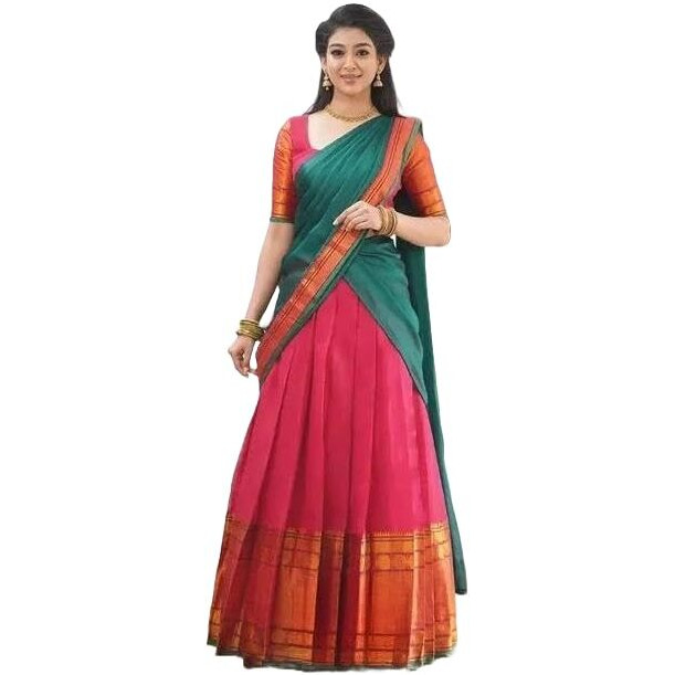 Zerico Women's Indian Traditional Kanjivaram Kanchipuram Silk Pure Zari Weaving Lehenga Choli And Havay Zari Work Dupatta With Blouse (All Unstitched) (Half Saree) (Rani-Rama)