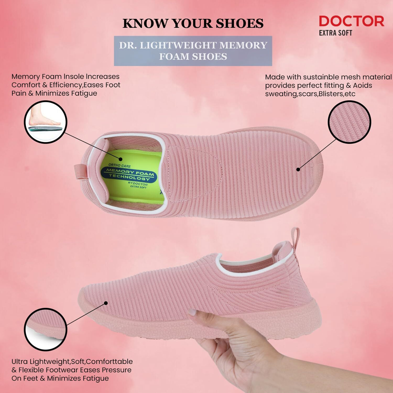 Doctor Extra Soft Lightweight Memory Foam Women's Shoes | Walking,Gym,Training,Running,Casual,Sports,Athletics| Slip-On,Loafers,Lace-Up,Sneaker For Ladies & Girls D-1004, Pink