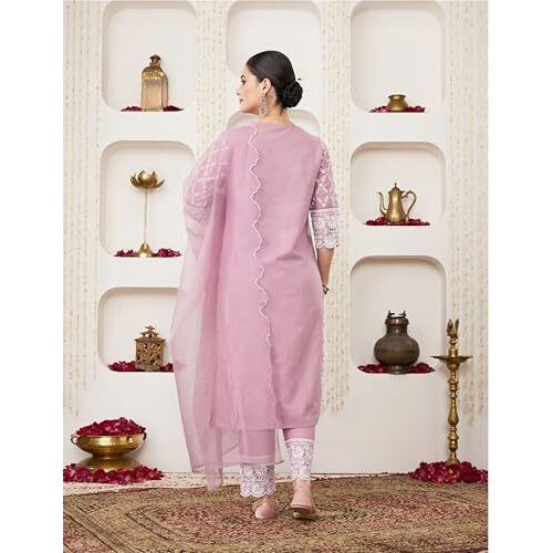 Amazon Brand - Myx Women's Embroidered Cotton Kurta Pant Set With Organza Dupatta (Ss25-Myx-Sur-Ks-18_Mauve_M)