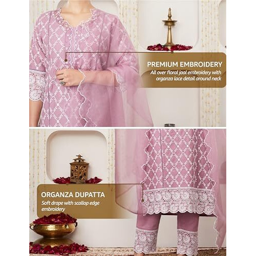 Amazon Brand - Myx Women's Embroidered Cotton Kurta Pant Set With Organza Dupatta (Ss25-Myx-Sur-Ks-18_Mauve_M)