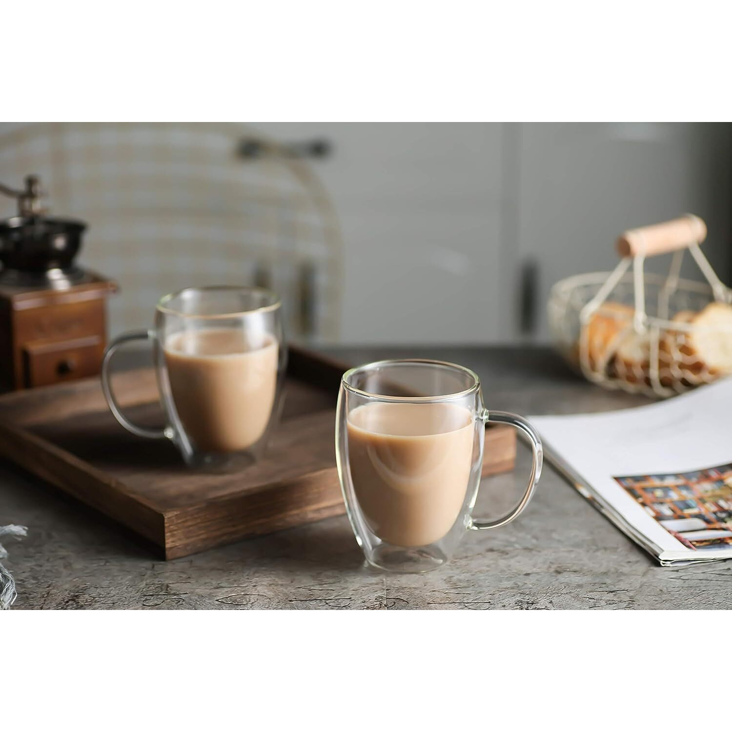 Zroy Enterprise Double Wall Insulated Glass Coffee Mugs With Handle 350 Ml Set Of 6, Everyday Drinking Tea Cups Perfect For Latte, Espresso, Cappuccinos, Tea Bag, Hot & Cold Beverage (350 Ml Cups, 6)