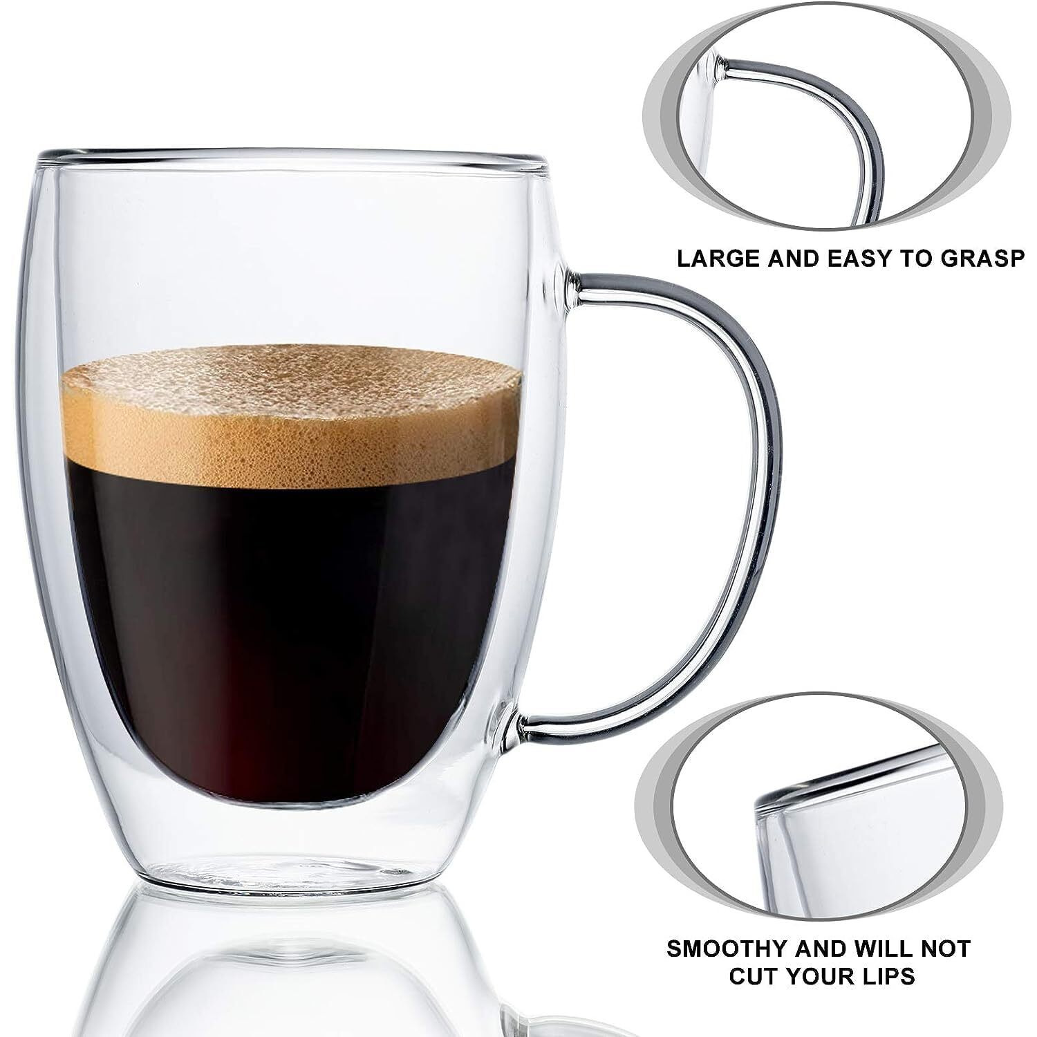 Zroy Enterprise Double Wall Insulated Glass Coffee Mugs With Handle 350 Ml Set Of 6, Everyday Drinking Tea Cups Perfect For Latte, Espresso, Cappuccinos, Tea Bag, Hot & Cold Beverage (350 Ml Cups, 6)