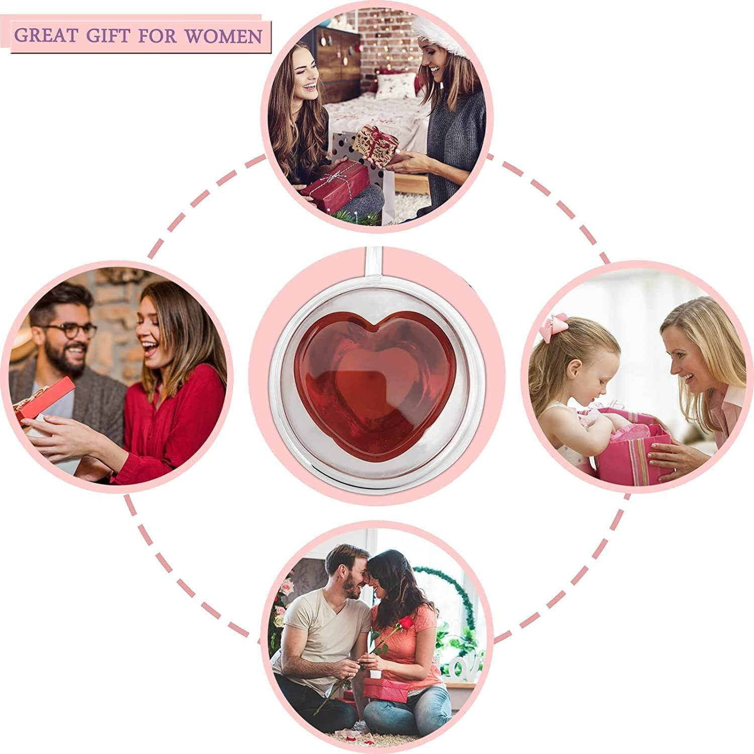 Zroy Enterprise Double Wall Heart Shape Cups 250Ml Set Of 4 Double Layer Tea & Coffee Cup Double Walled Glass Mugs For Hot & Cold Drinks Coffee Tea Milk Cappuchino Juice (4, Heart Cup)