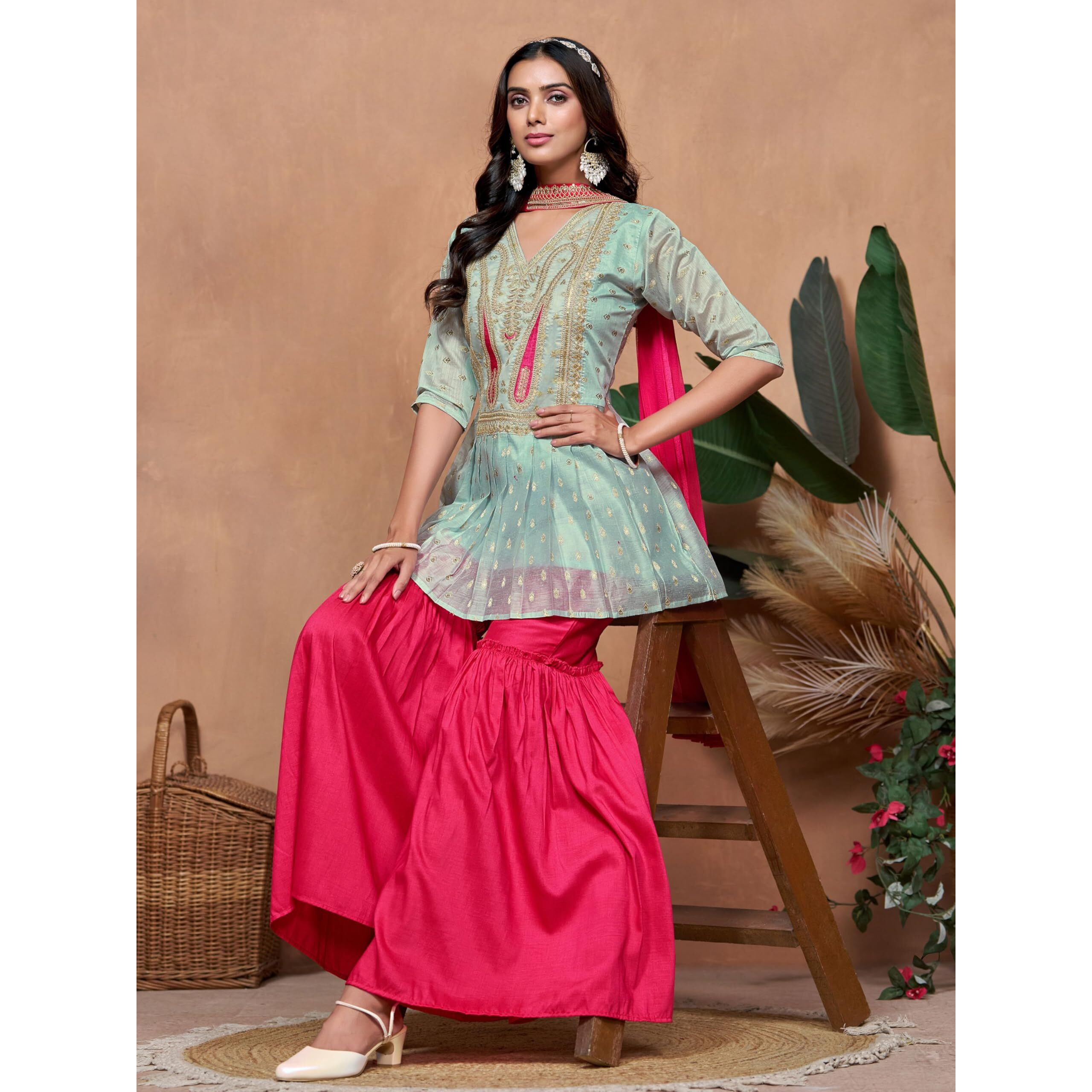 Ethnicjunction Women's Chanderi Silk Embroidered Eid Special A-Line Kurta Sharara Set With Choker Dupatta | Eid Outfits For Women Grey