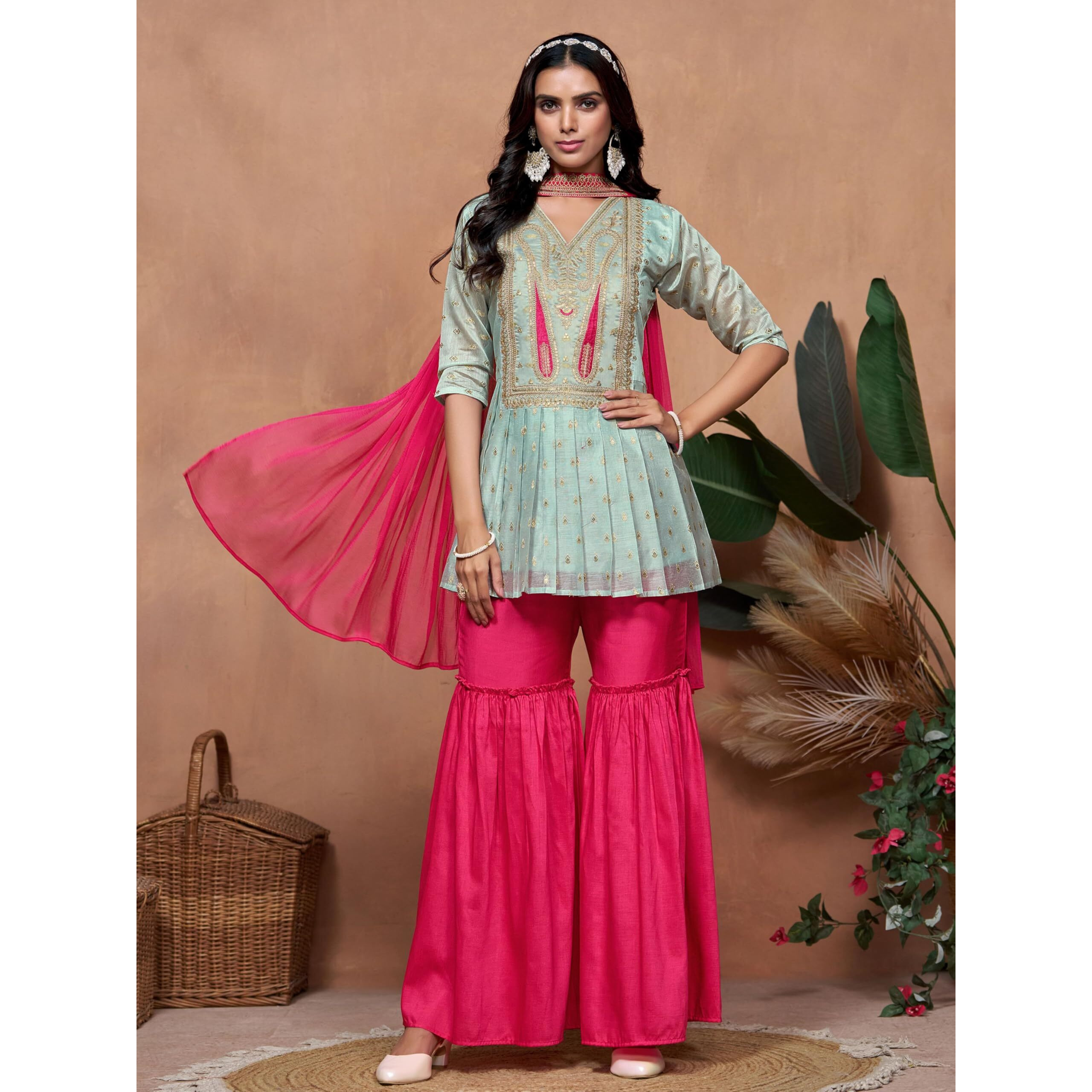 Ethnicjunction Women's Chanderi Silk Embroidered Eid Special A-Line Kurta Sharara Set With Choker Dupatta | Eid Outfits For Women Grey