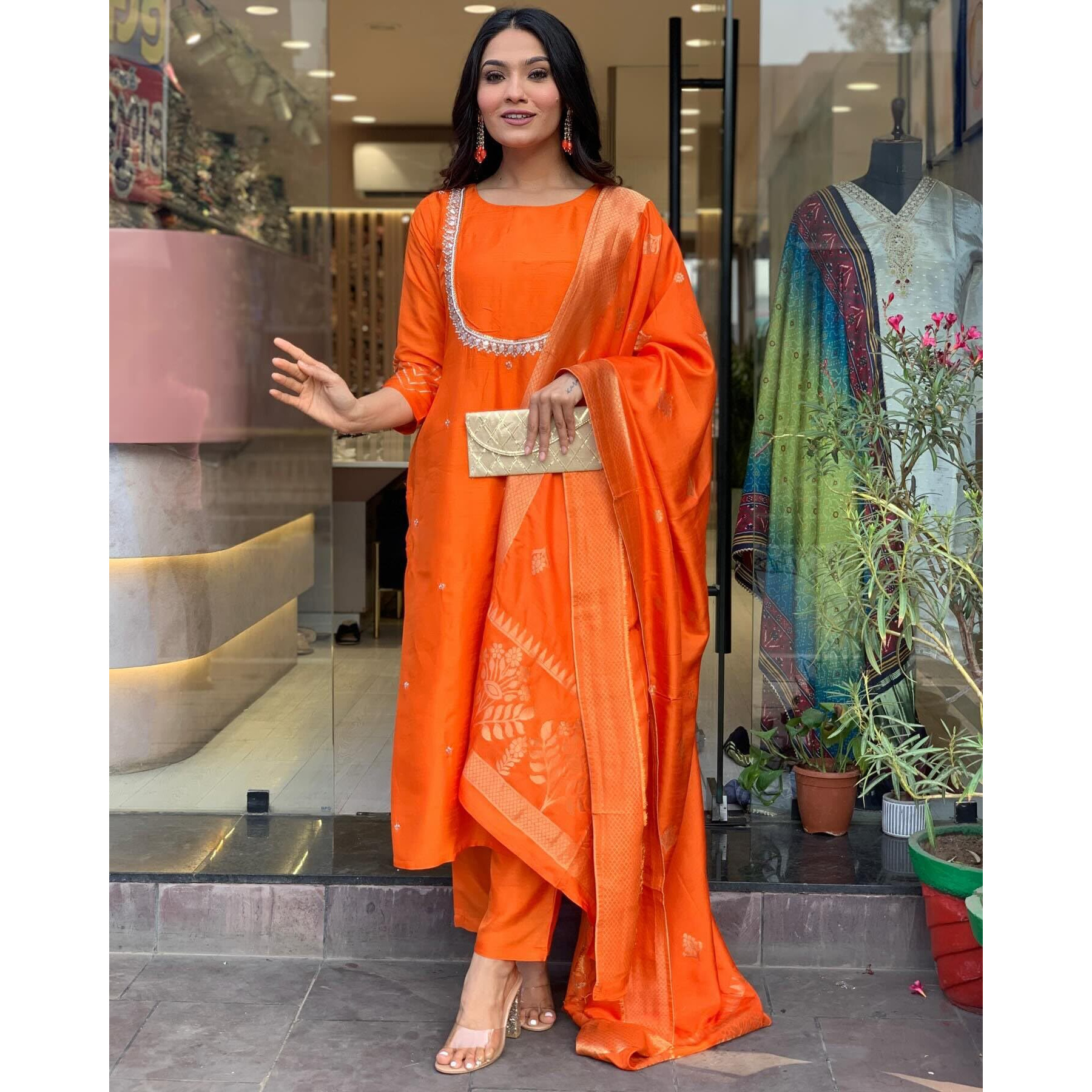 Gosriki Women's Silk Blend Straight Embroidered Kurta With Pant & Dupatta (Deluxe Orange-Vks01-Gs_M_Orange_Medium)
