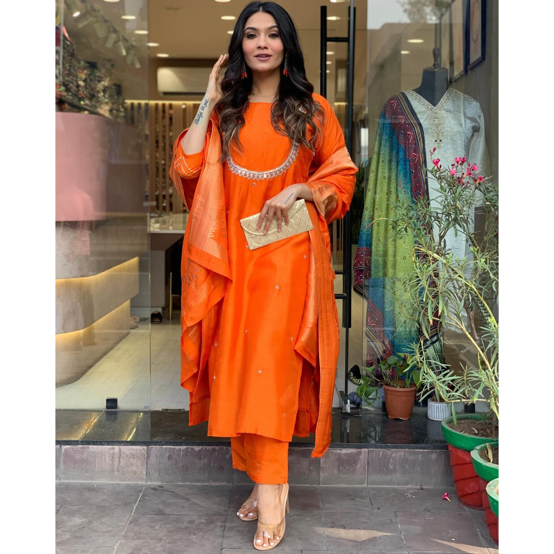 Gosriki Women's Silk Blend Straight Embroidered Kurta With Pant & Dupatta (Deluxe Orange-Vks01-Gs_M_Orange_Medium)