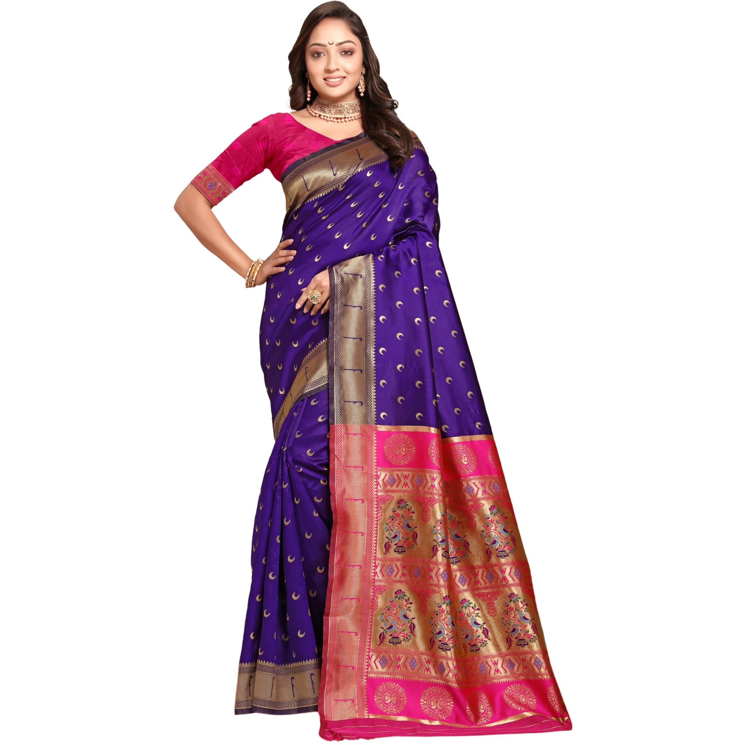 C J Enterprise Women's Banarasi Saree Pure Kanjivaram Silk Saree Soft Design Wear Pattu Sarees Latest Cotton With Blouse Piece For Wedding Sadi New Ladies 2025 (Chand Paithani) (Violet-Pink)