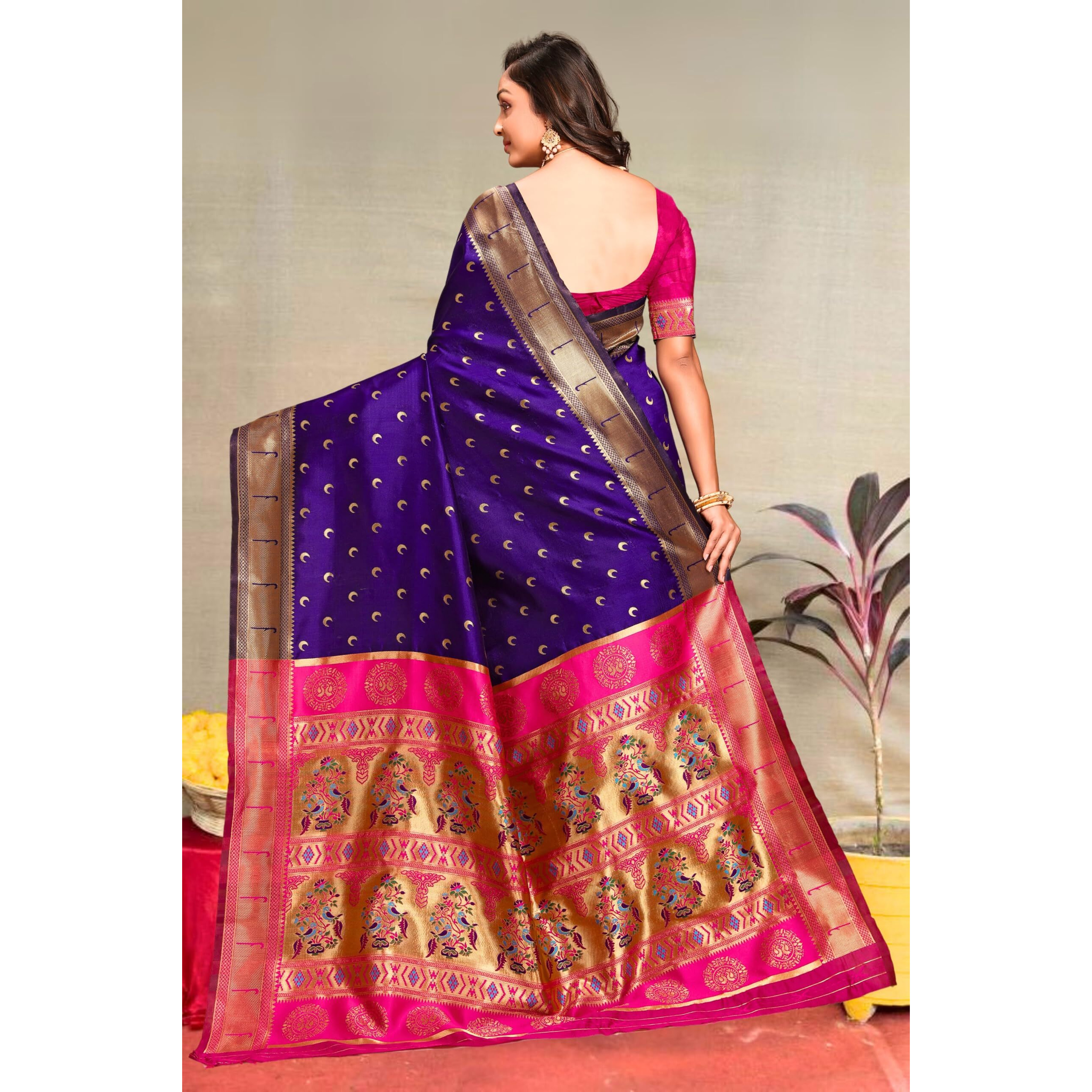 C J Enterprise Women's Banarasi Saree Pure Kanjivaram Silk Saree Soft Design Wear Pattu Sarees Latest Cotton With Blouse Piece For Wedding Sadi New Ladies 2025 (Chand Paithani) (Violet-Pink)