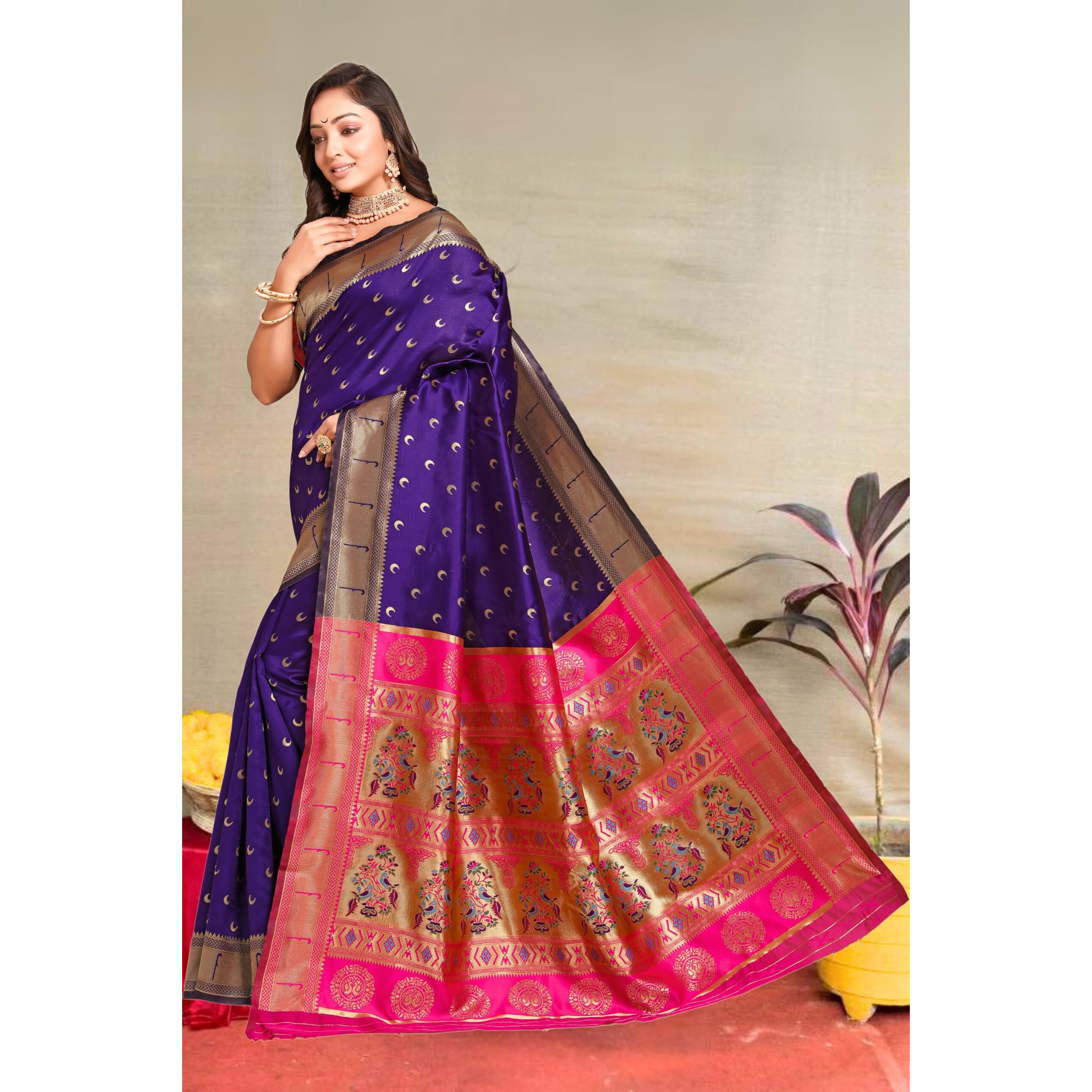 C J Enterprise Women's Banarasi Saree Pure Kanjivaram Silk Saree Soft Design Wear Pattu Sarees Latest Cotton With Blouse Piece For Wedding Sadi New Ladies 2025 (Chand Paithani) (Violet-Pink)