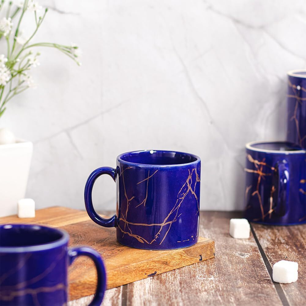 Femora 22K Liquid Marble Gold Design Ceramic Coffee Mug, Tea Cups, Chip Resistant, 180 Ml, Pack Of 6, Royal Blue
