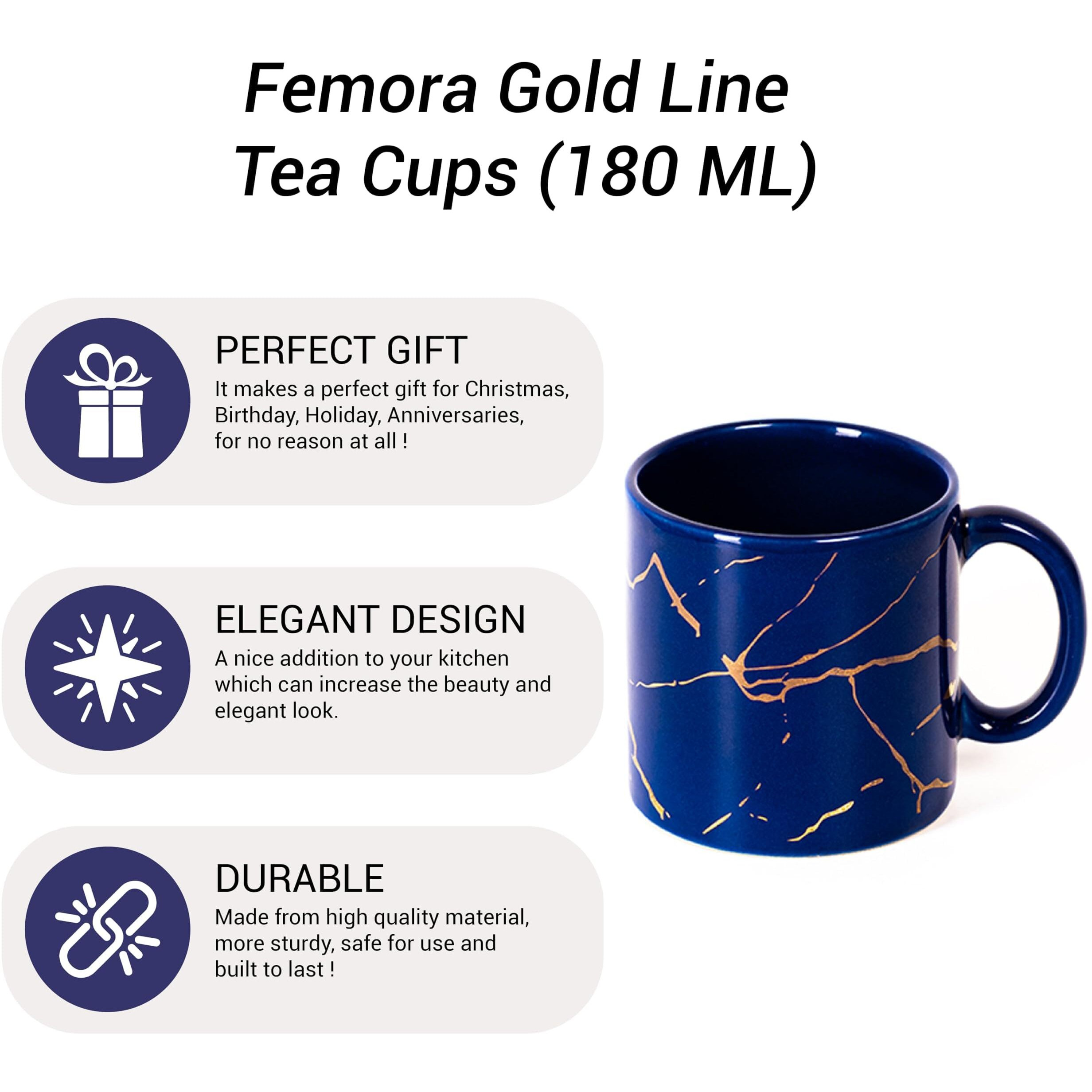 Femora 22K Liquid Marble Gold Design Ceramic Coffee Mug, Tea Cups, Chip Resistant, 180 Ml, Pack Of 6, Royal Blue