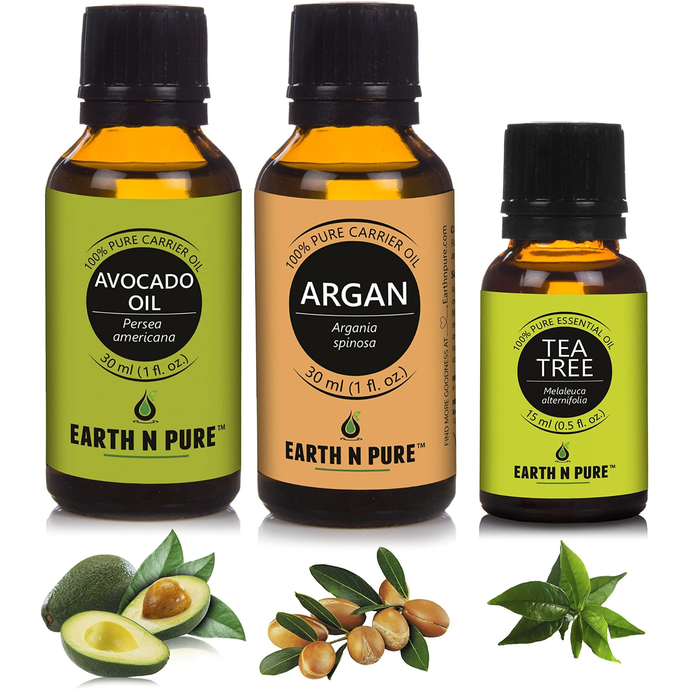Earth N Pure Argan Oil, Tea Tree Oil & Avocado Oil Pack Of 3 | Undiluted | 100% Natural & Therapeutic | For Aromatherapy | Mood Enhancers |Skin Care | Hair Care | Relaxation Etc. | 15/30 Ml Each