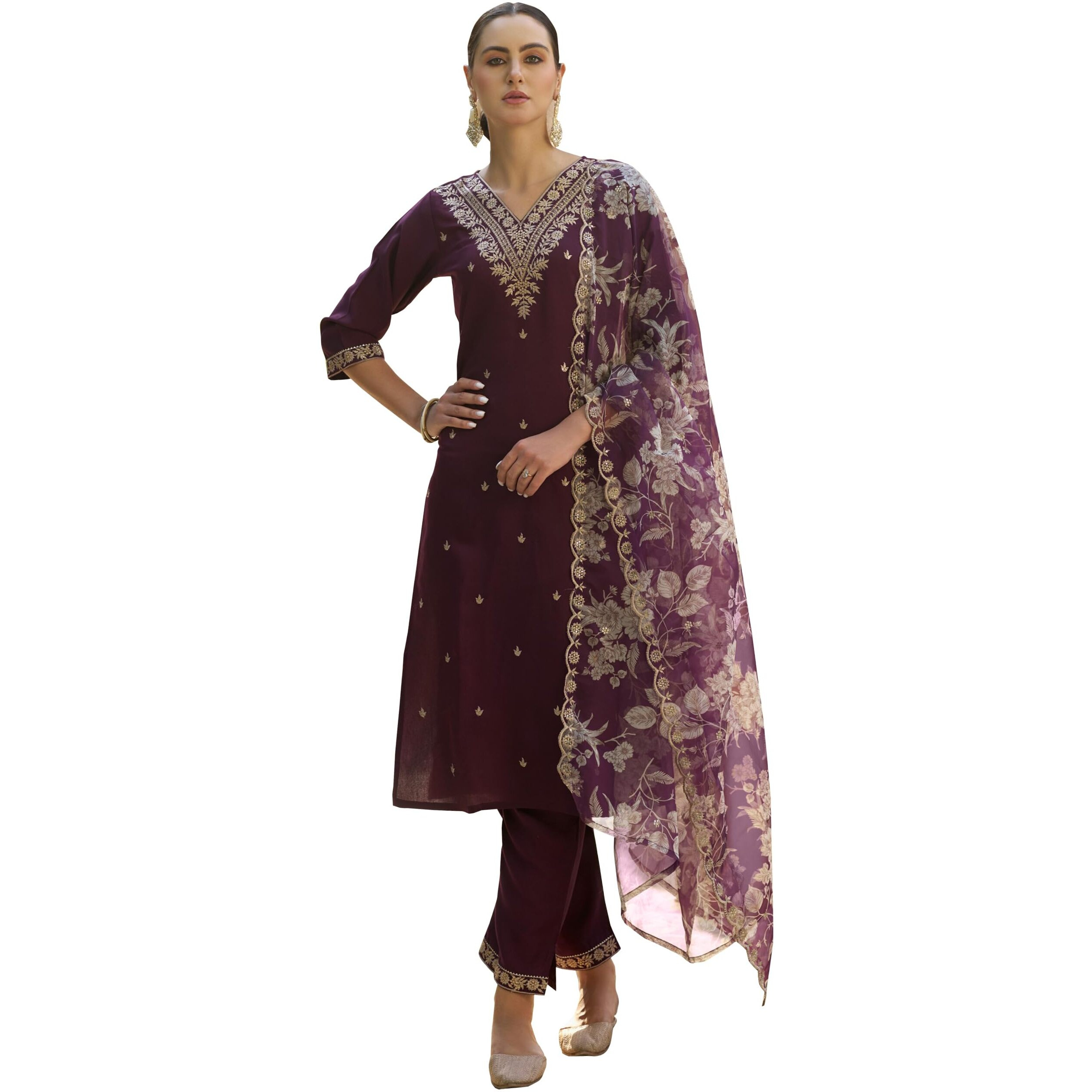 Vredevogel Women's Embroidered Viscose Rayon Kurta With Pant & Organza Dupatta Set (Purple_2X-Large)