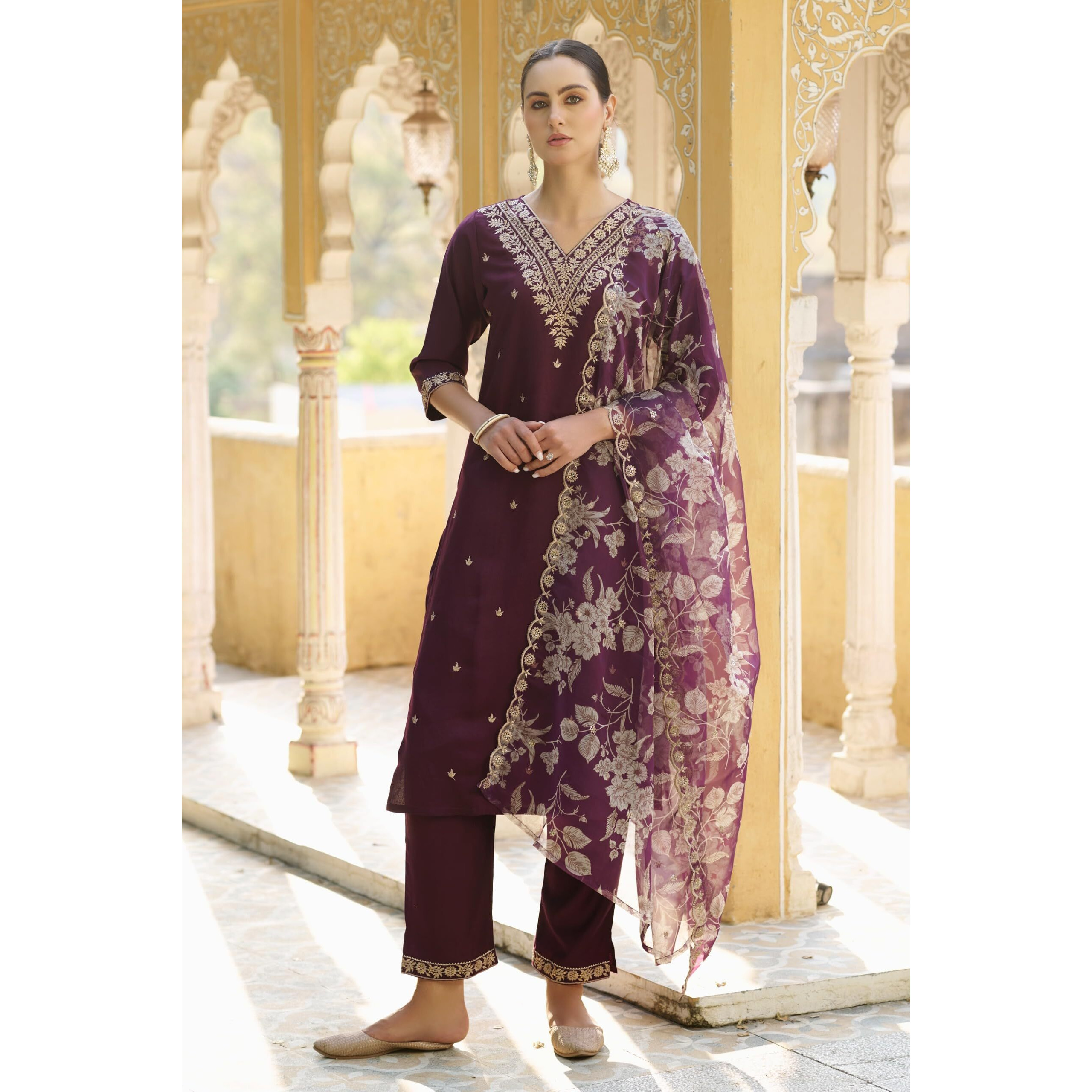Vredevogel Women's Embroidered Viscose Rayon Kurta With Pant & Organza Dupatta Set (Purple_2X-Large)