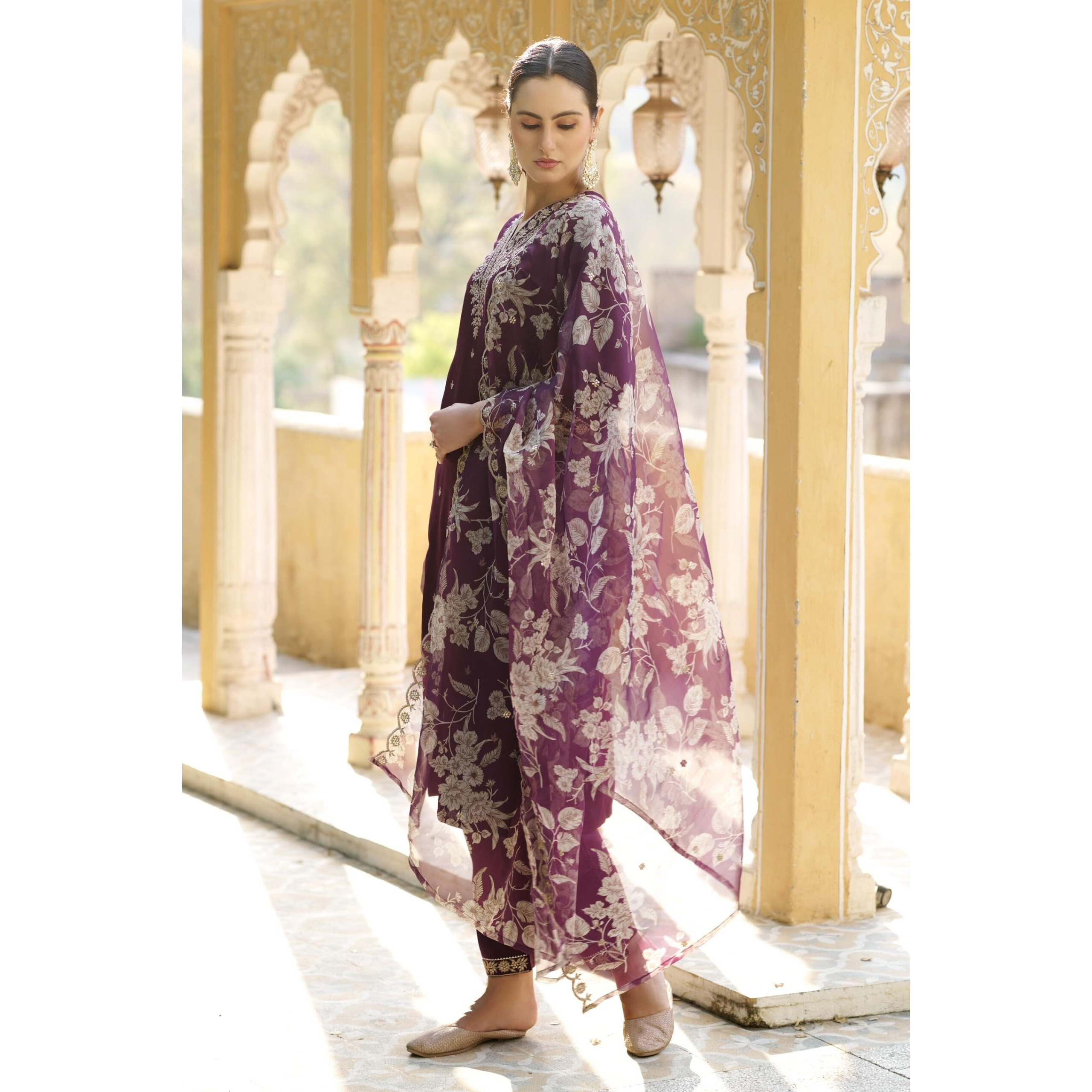 Vredevogel Women's Embroidered Viscose Rayon Kurta With Pant & Organza Dupatta Set (Purple_2X-Large)