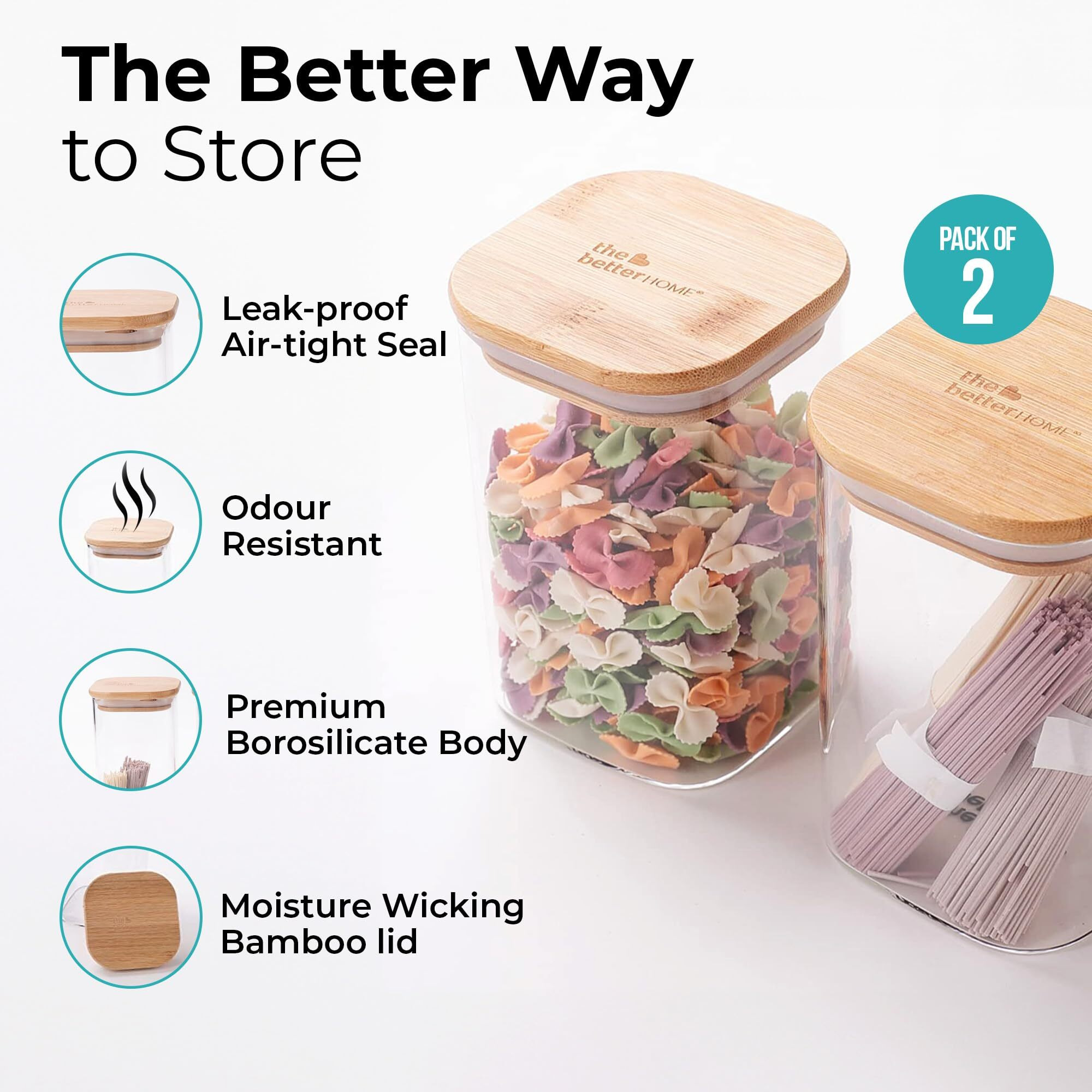 The Better Home Pack Of 2 Borosilicate Glass Jars With Bamboo Lid I Rectangular Transparent Airtight Borosilicate Kitchen Containers Set | Glass Jars For Cookies Snacks Tea Coffee Sugar | 600 Ml Each