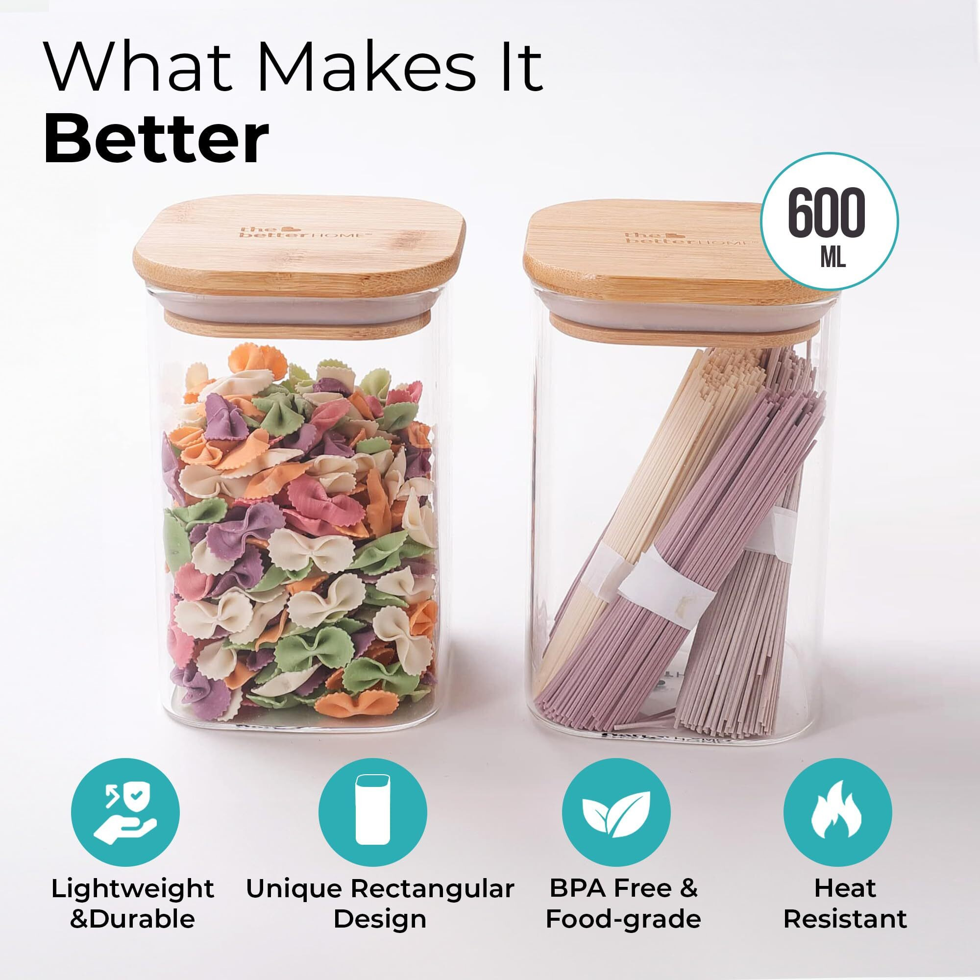The Better Home Pack Of 2 Borosilicate Glass Jars With Bamboo Lid I Rectangular Transparent Airtight Borosilicate Kitchen Containers Set | Glass Jars For Cookies Snacks Tea Coffee Sugar | 600 Ml Each