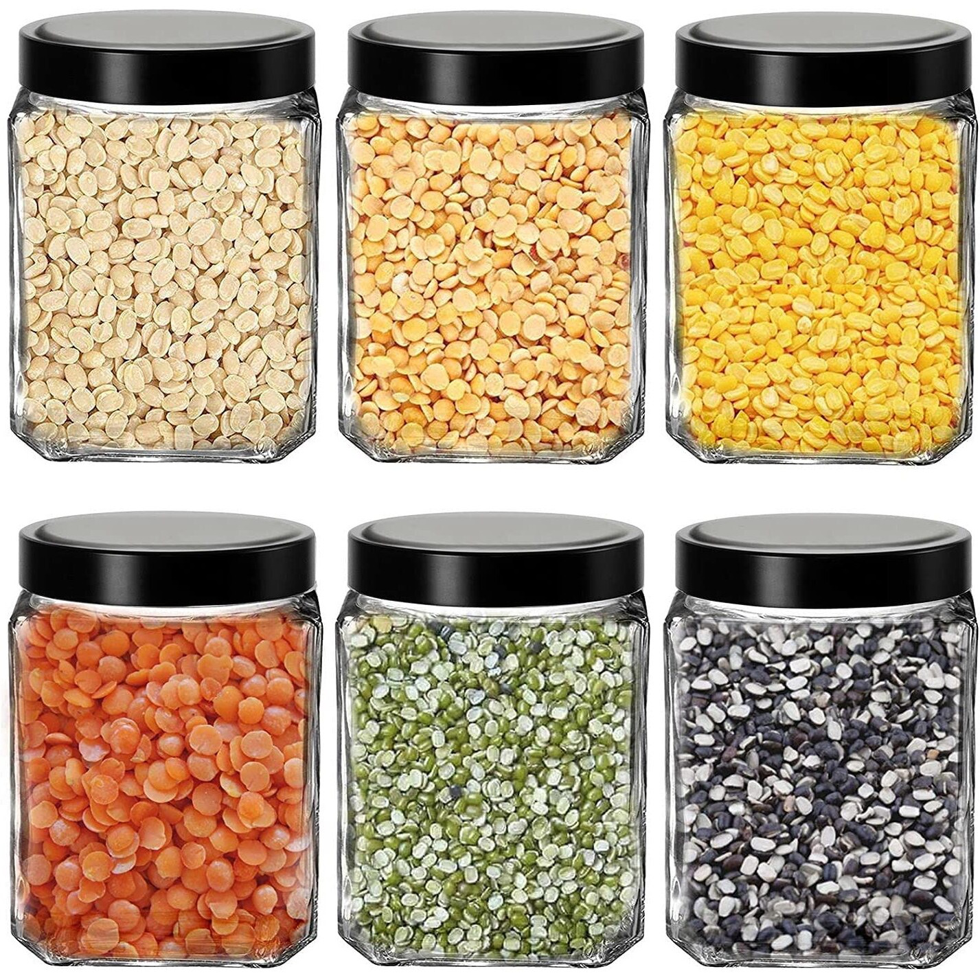 Vency Piramal Glass Cubical Square 600Ml Transparent Glass Jars & Containers For Kitchen, Snacks, Masala, Jams, Pickles, Cookies, Dry Fruits, Coffee Storage With Black Plastic Lid (600Ml, Set Of 6)