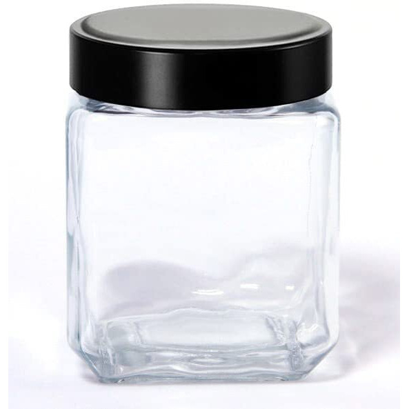 Vency Piramal Glass Cubical Square 600Ml Transparent Glass Jars & Containers For Kitchen, Snacks, Masala, Jams, Pickles, Cookies, Dry Fruits, Coffee Storage With Black Plastic Lid (600Ml, Set Of 6)