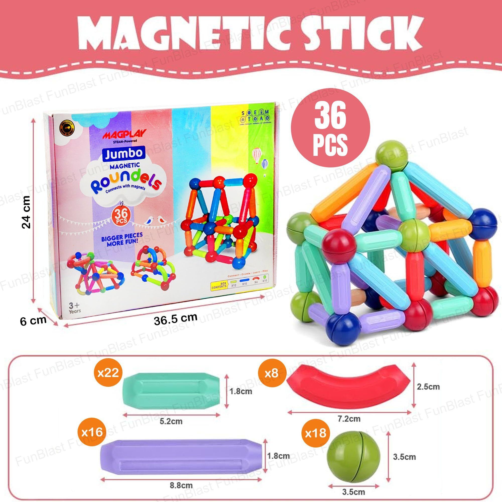 Funblast Magnetic Sticks Building Blocks For Kids  36 Pcs Puzzle Games For Kids, Stem Toys For Children, Building & Construction Toys, Educational & Learning Toy For 3+ Year Old Kids Boys, Girls