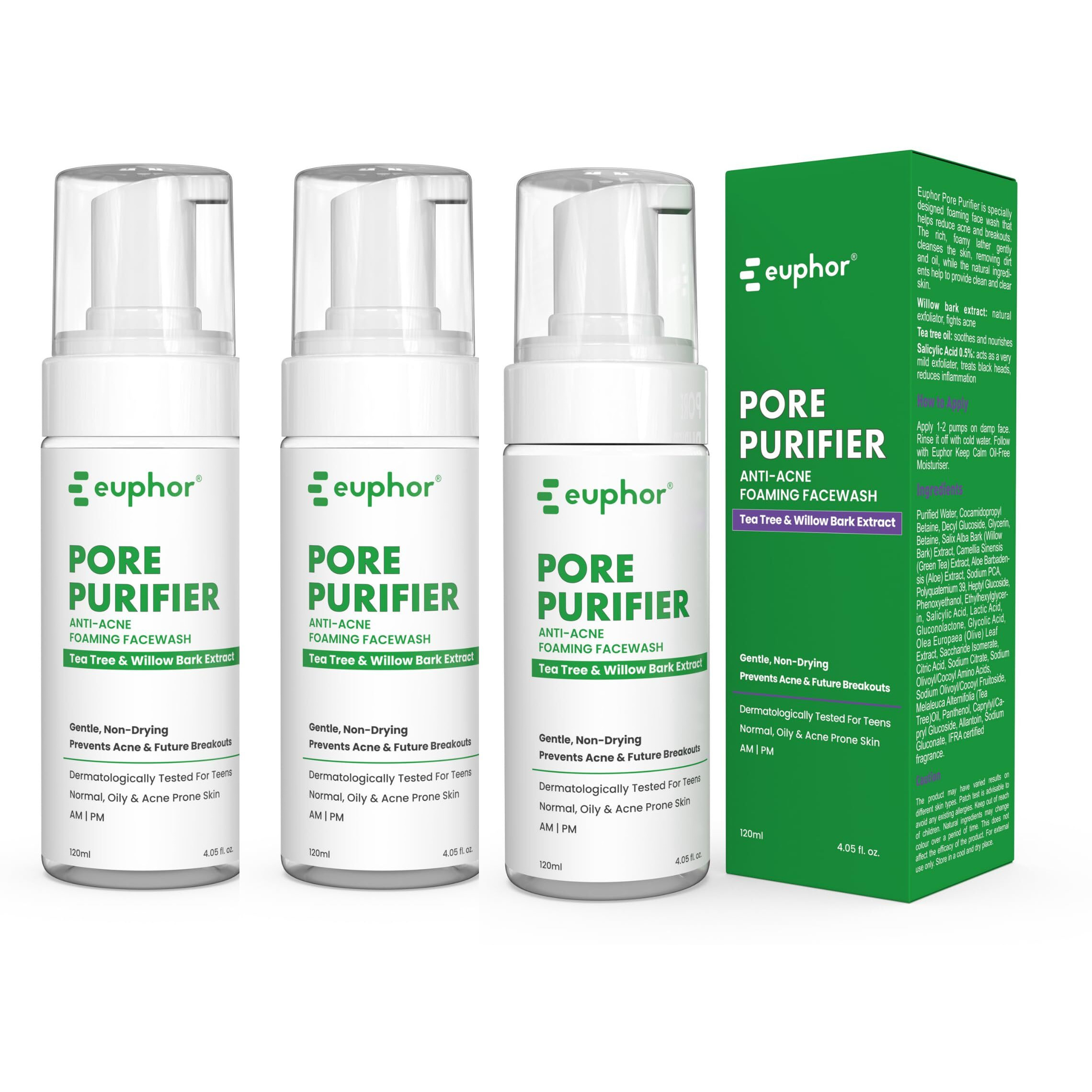 Euphor Teens | Anti-Acne Foaming Face Wash- Pore Purifier | Prevents Acne, Pimples And Future Breakouts | Salicylic Acid 0.5%, Tea Tree, Green Tea | Oily And Acne-Prone Skin | No Parabens And Sulphates | 120Ml (3Pc) | For Women And Men