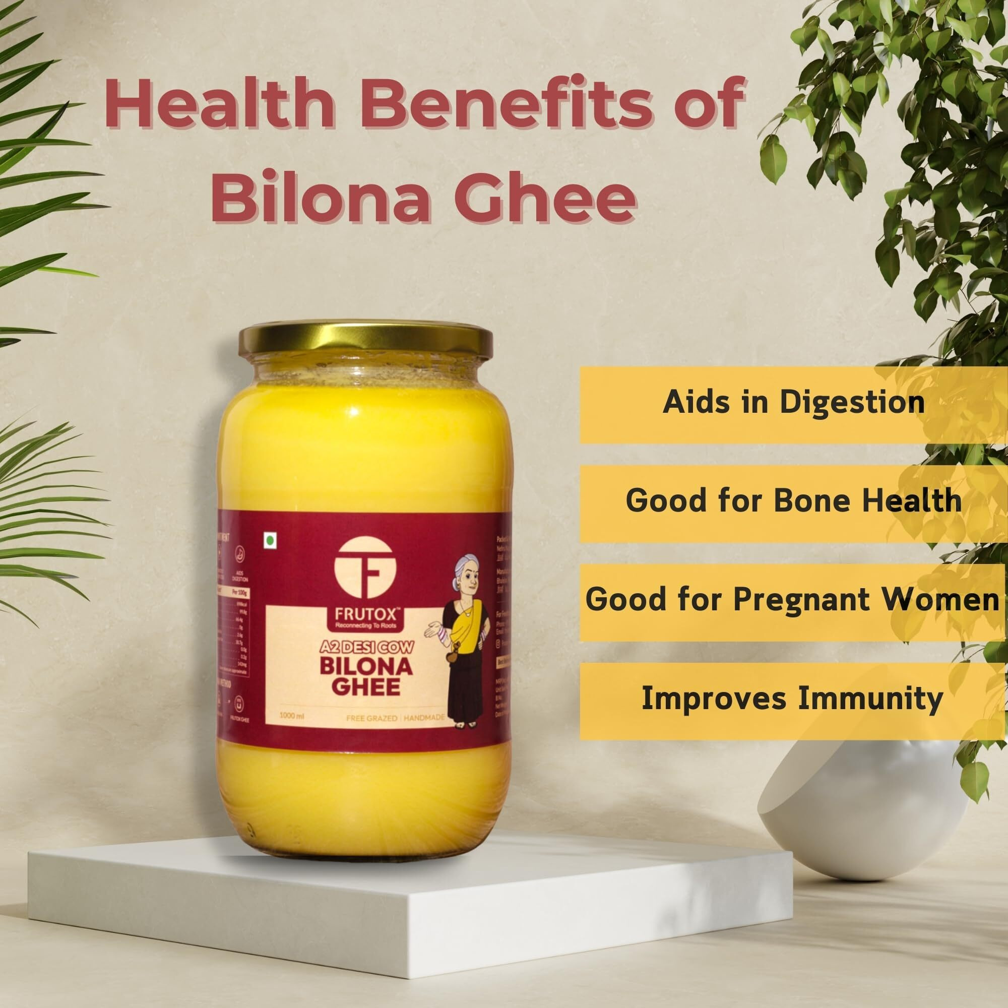 Frutox A2 Desi Cow Bilona Ghee (500 Ml)|Hand-Churned, Traditional Ayurvedic Process|Grass-Fed Healthy Desi Cow Milk|Rich In Nutrition