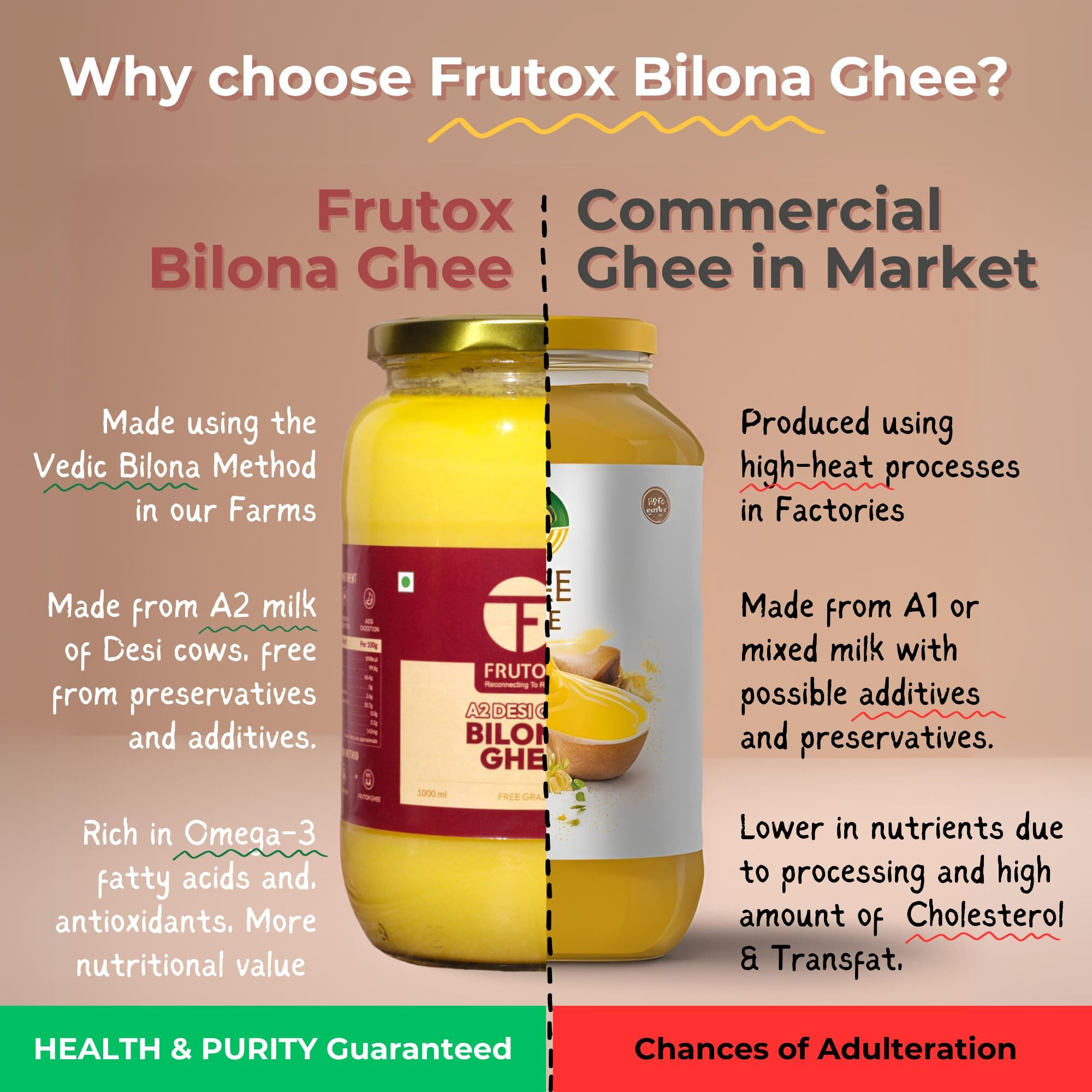 Frutox A2 Desi Cow Bilona Ghee (500 Ml)|Hand-Churned, Traditional Ayurvedic Process|Grass-Fed Healthy Desi Cow Milk|Rich In Nutrition