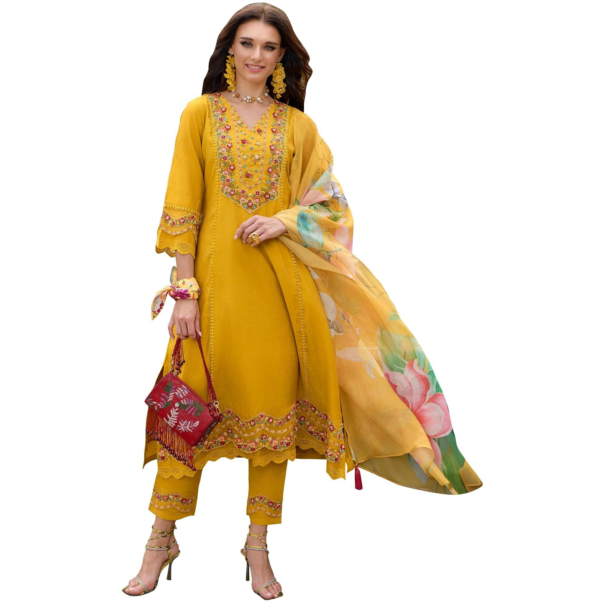 Indo Era Women's Silk Blend Embroidered A-Line Kurta And Pant With Dupatta Set (Ieout6679_Large), Yellow