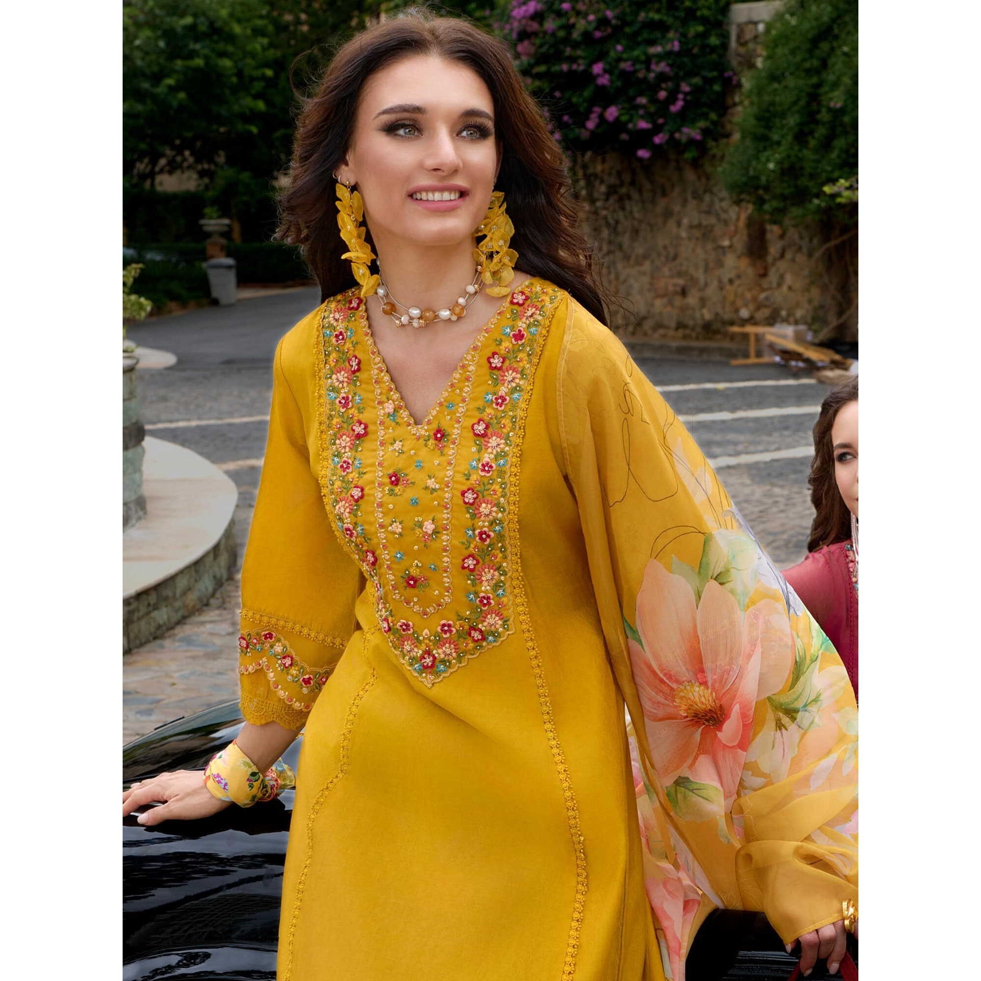 Indo Era Women's Silk Blend Embroidered A-Line Kurta And Pant With Dupatta Set (Ieout6679_Large), Yellow