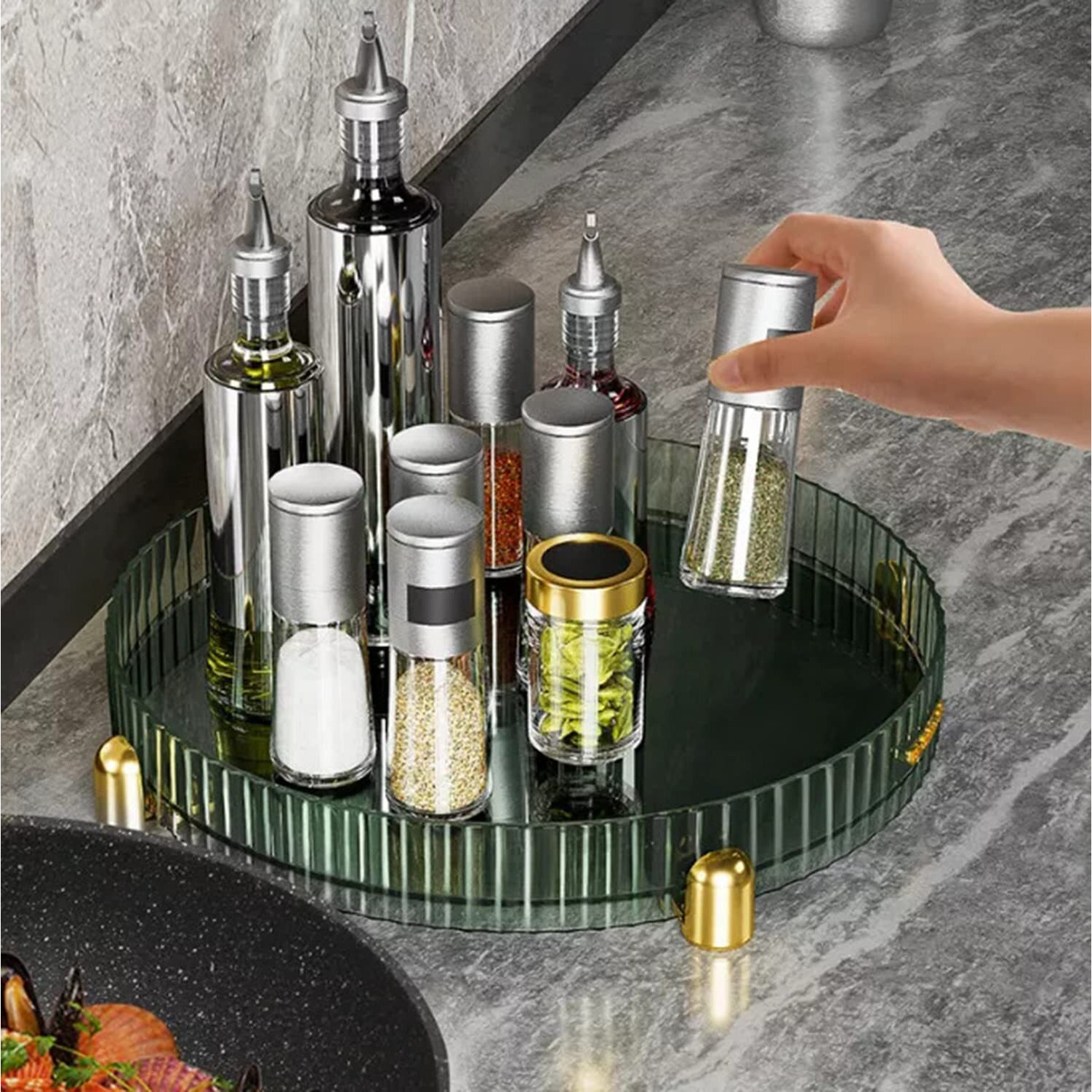 House Of Quirk Plastic Turntable Cabinet Organizer,Rotating Storage Spinner Kitchen Food Spices Rack Storage For Pantry,Fridge,Countertops,Bathroom Vanity Makeup Organizer (Green, Medium)