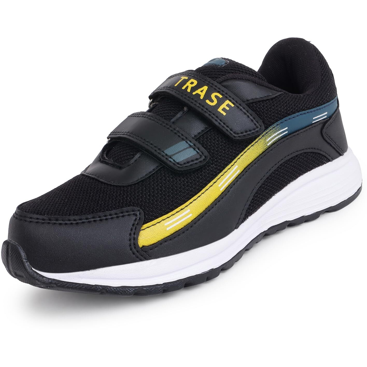 Trase Kids Boys Sports Shoes | Running, Walking, All Day Casual Wear With Hook & Loop Design (Black-Yellow, 12C Uk)