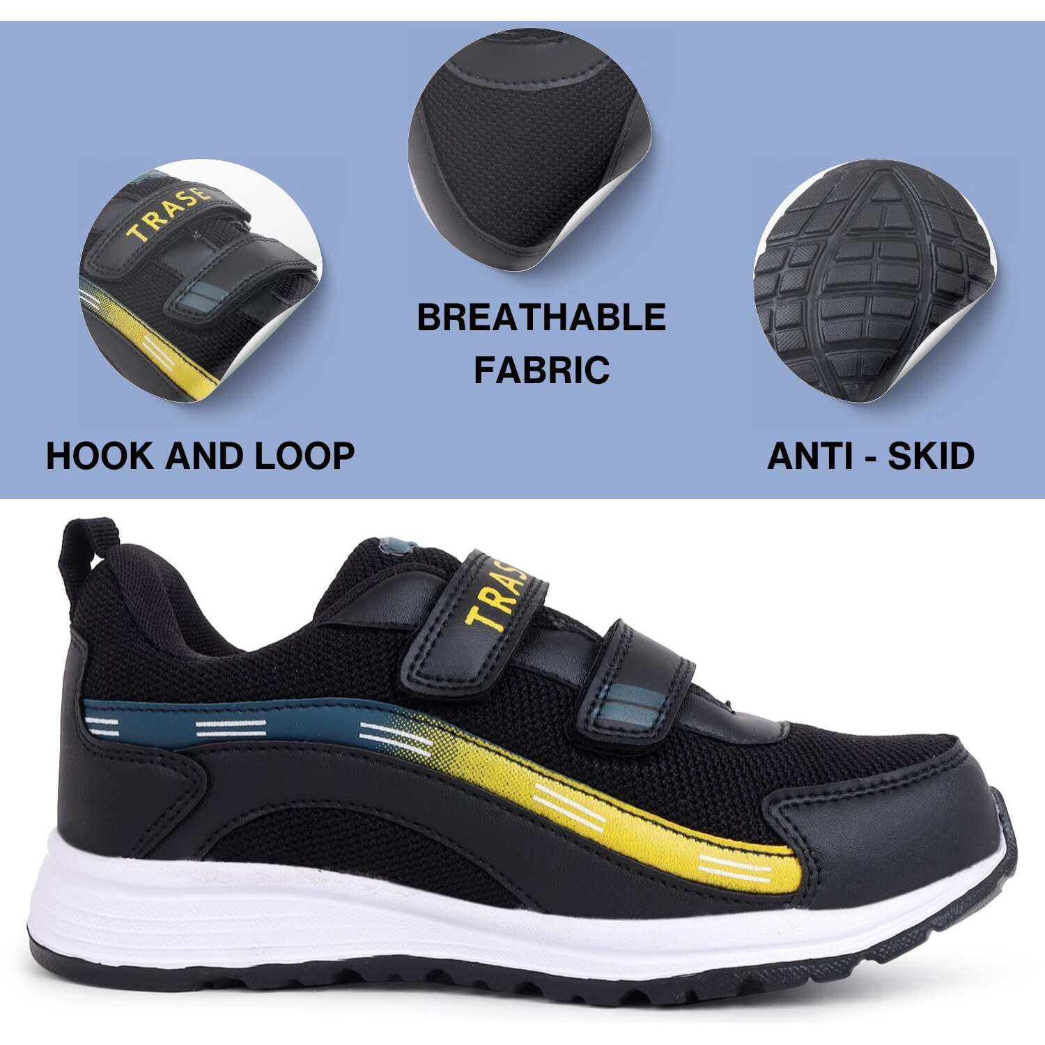 Trase Kids Boys Sports Shoes | Running, Walking, All Day Casual Wear With Hook & Loop Design (Black-Yellow, 12C Uk)