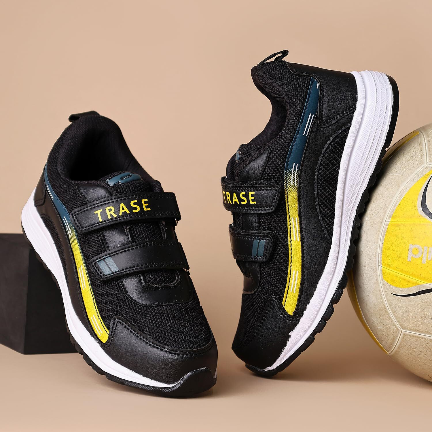 Trase Kids Boys Sports Shoes | Running, Walking, All Day Casual Wear With Hook & Loop Design (Black-Yellow, 12C Uk)
