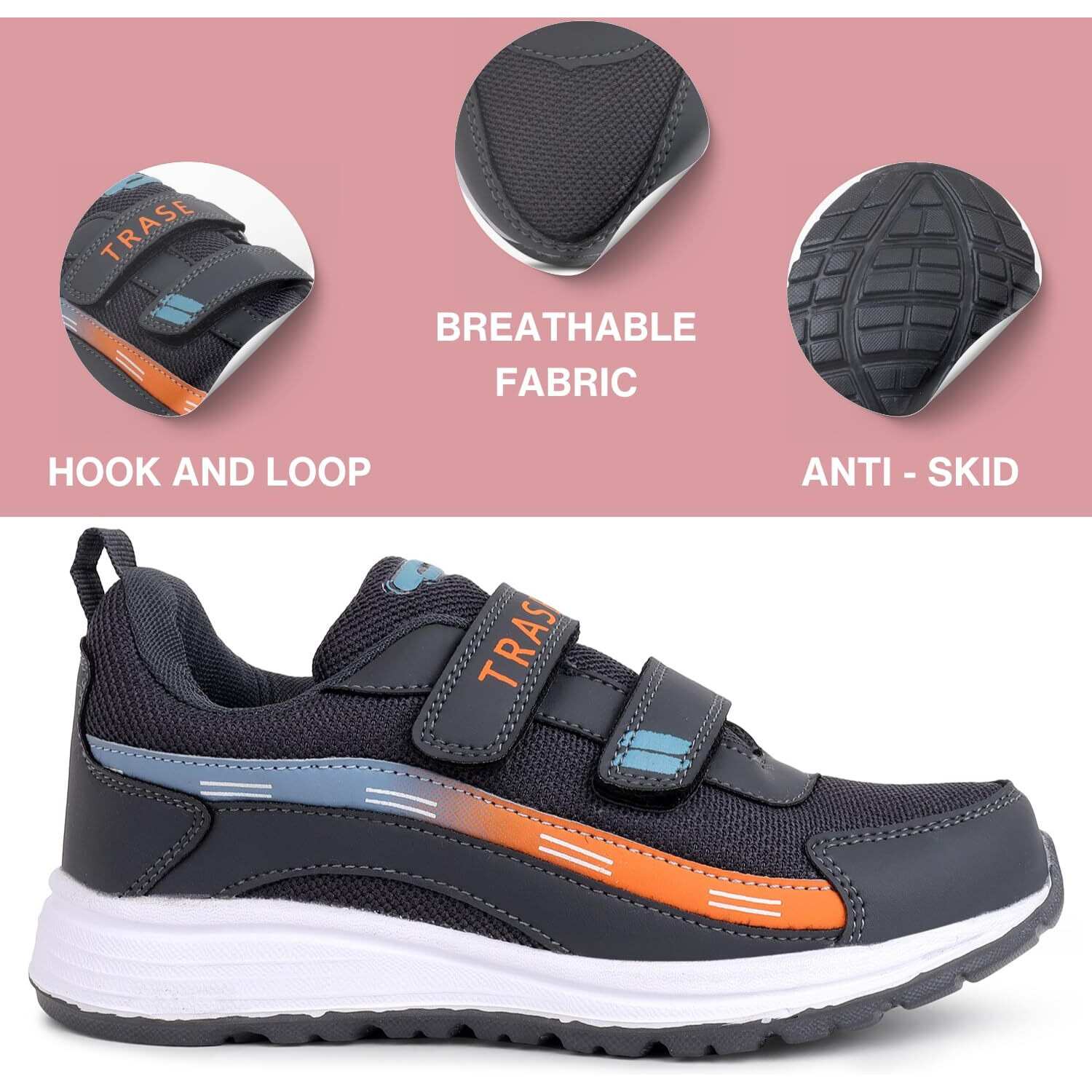 Trase Kids Boys Sports Shoes | Running, Walking, All Day Casual Wear With Hook & Loop Design (Grey-Orange, 12C Uk)